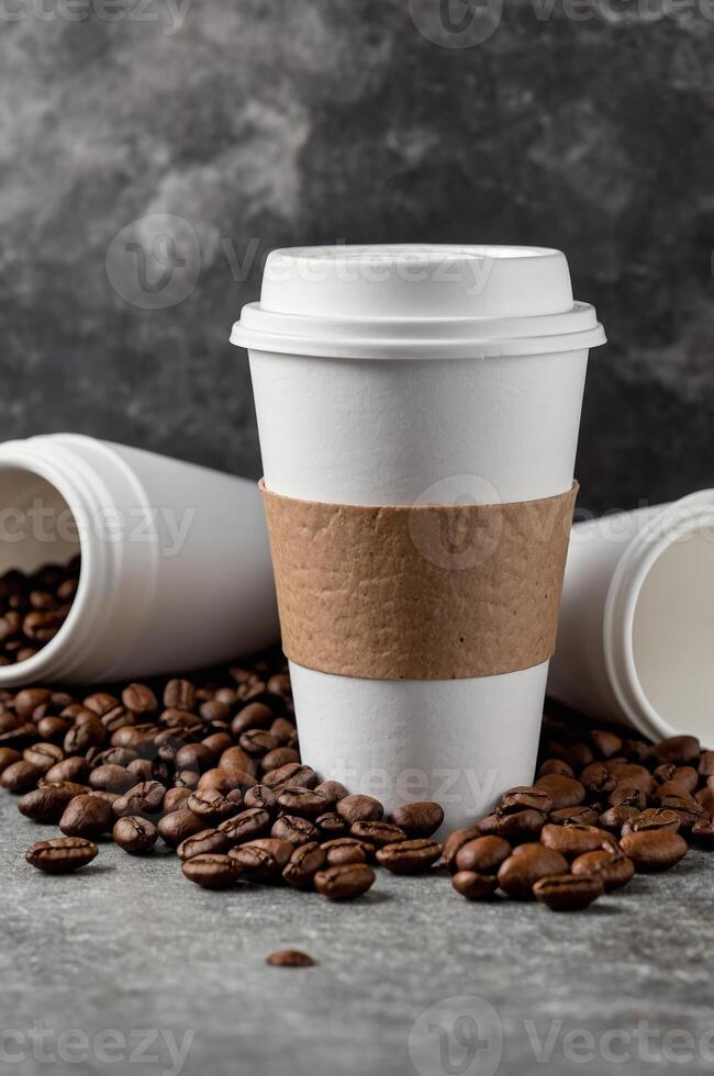 Coffee cup surrounded by roasted coffee beans with paper cups on a gray surface in a cozy cafe setting photo