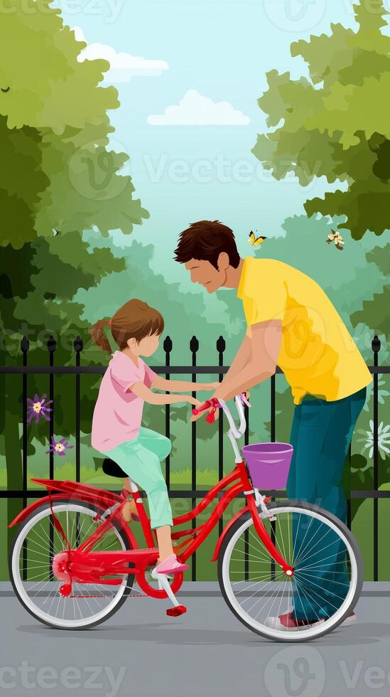 Father teaches daughter to ride a bike in a sunny park surrounded by greenery and flowers photo