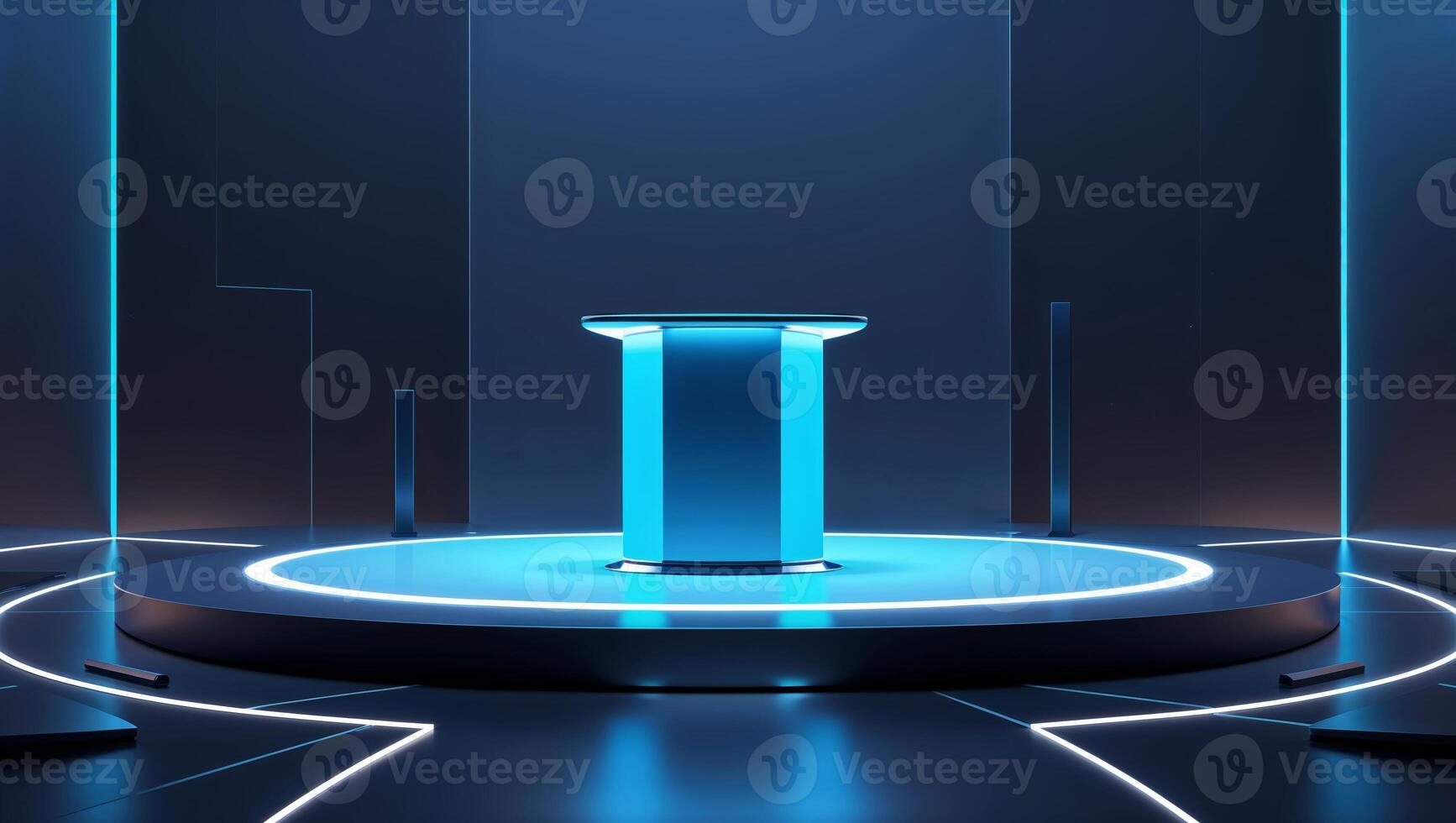 Illuminated stage with circular platform and blue lighting creating a futuristic ambiance for presentations and events photo