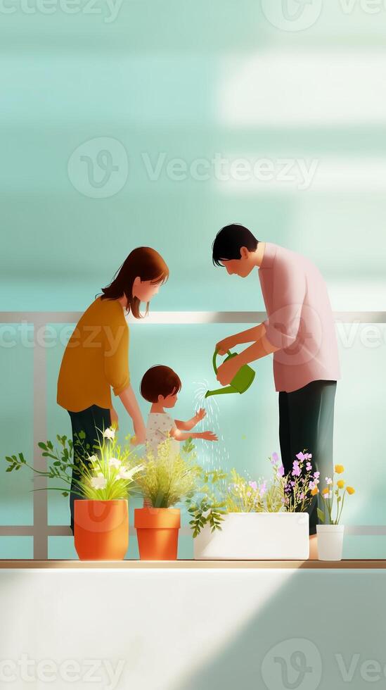 Family enjoys watering plants together on a sunny day at home in a nurturing garden activity photo