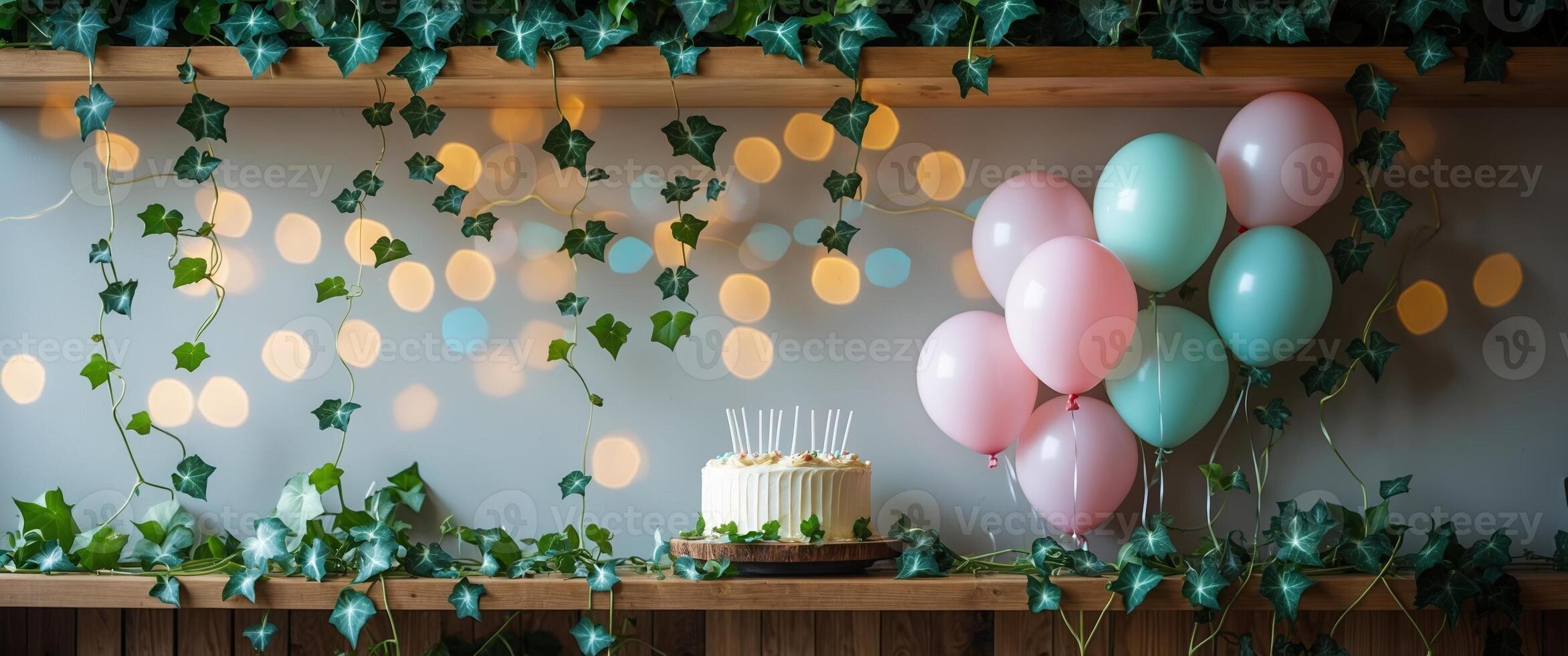 Celebration with a beautifully decorated cake, colorful balloons, and fairy lights in a cozy indoor space photo
