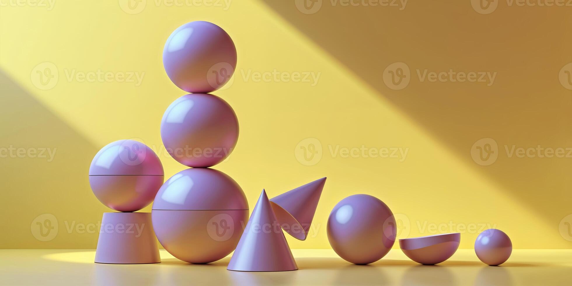 Colorful geometric shapes arranged against a bright yellow background creating a playful and modern aesthetic in a well-lit environment photo
