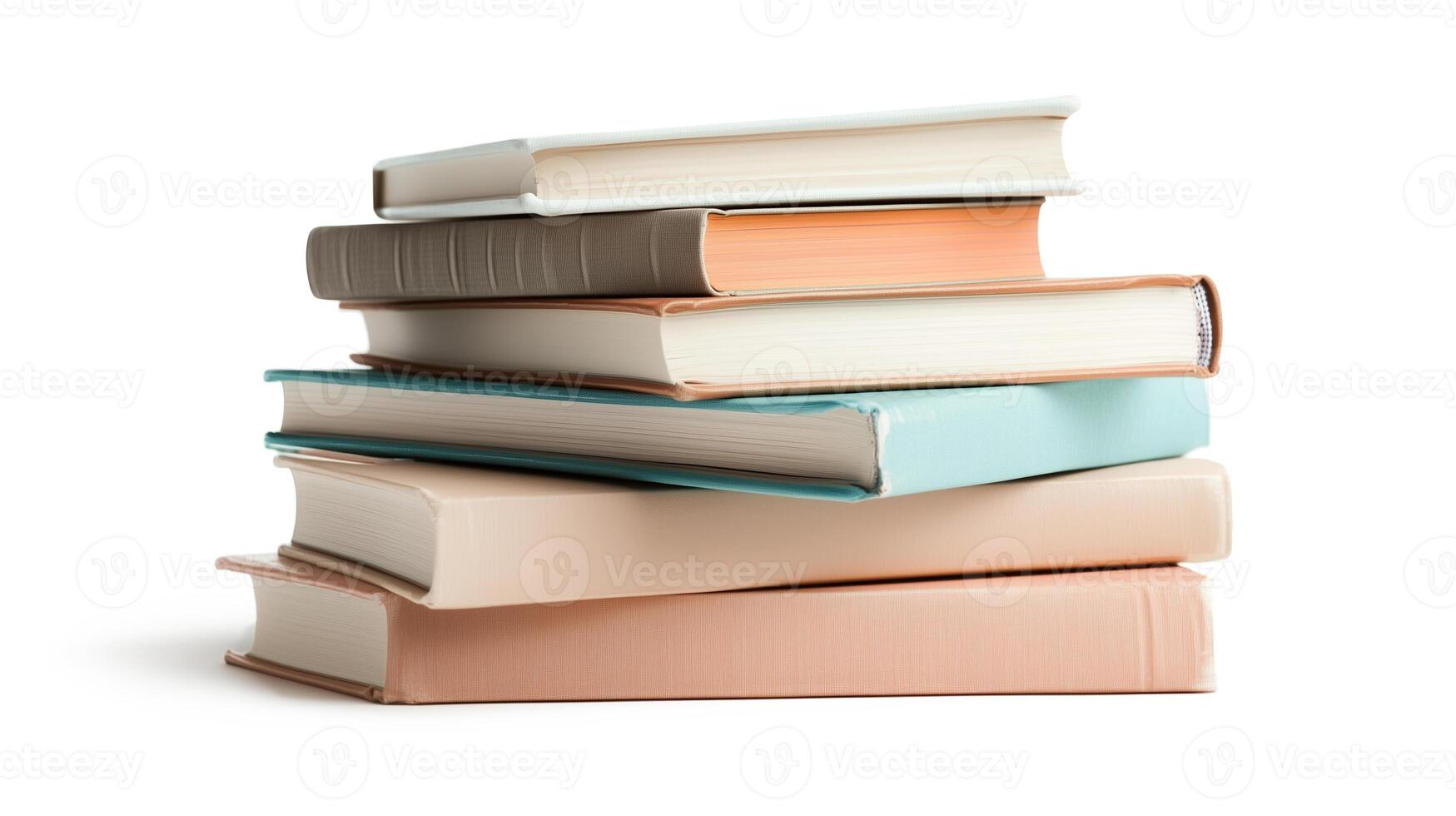 Stacked books in various colors and sizes displayed on a white background showcasing literary diversity and potential for learning photo