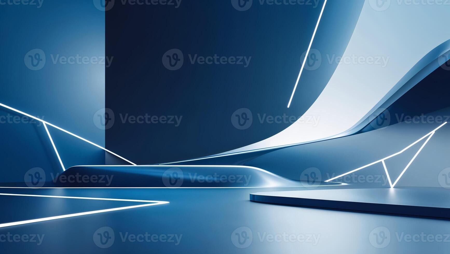 Contemporary abstract design showcasing blue tones and dynamic shapes in a minimalist interior space photo