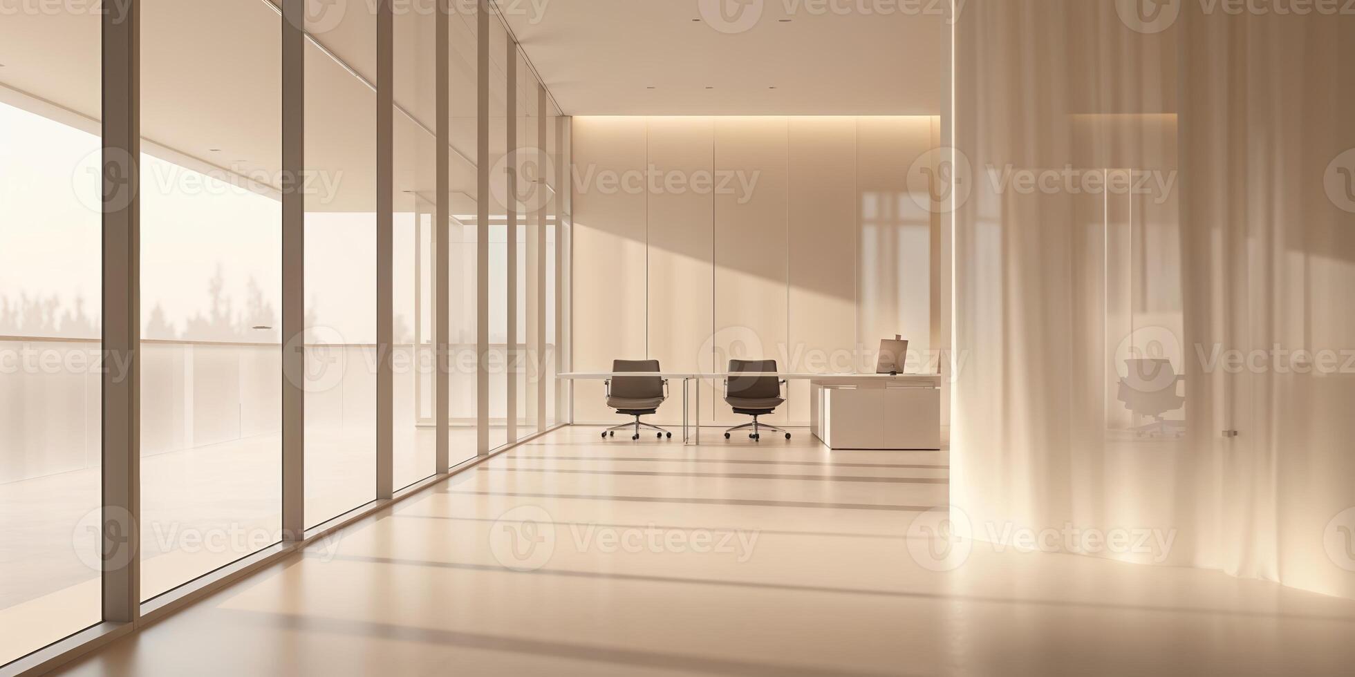 Modern office interior featuring minimalistic design and natural light in a spacious environment photo