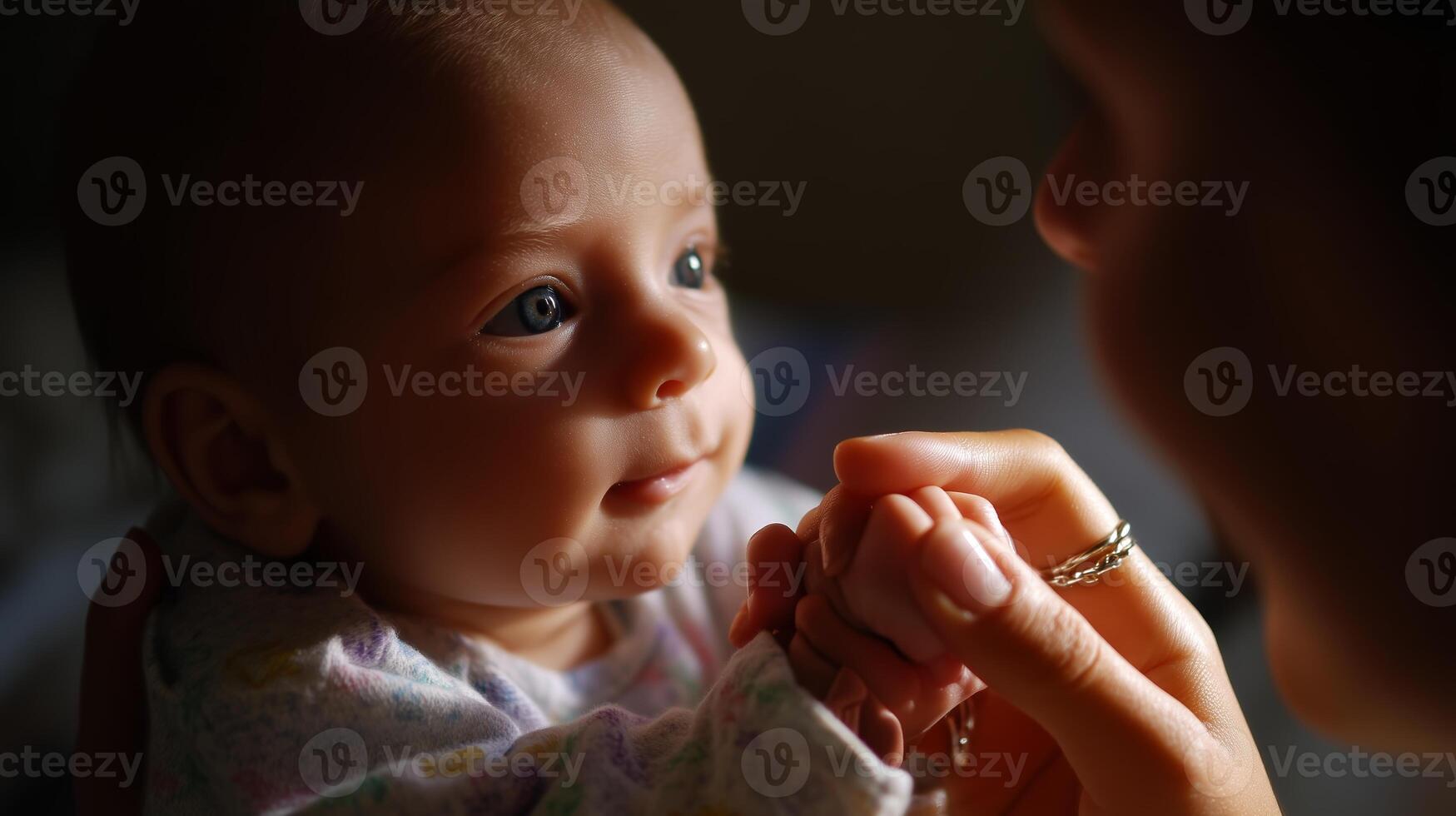 Mother interacting with her infant indoors during the golden hour photo