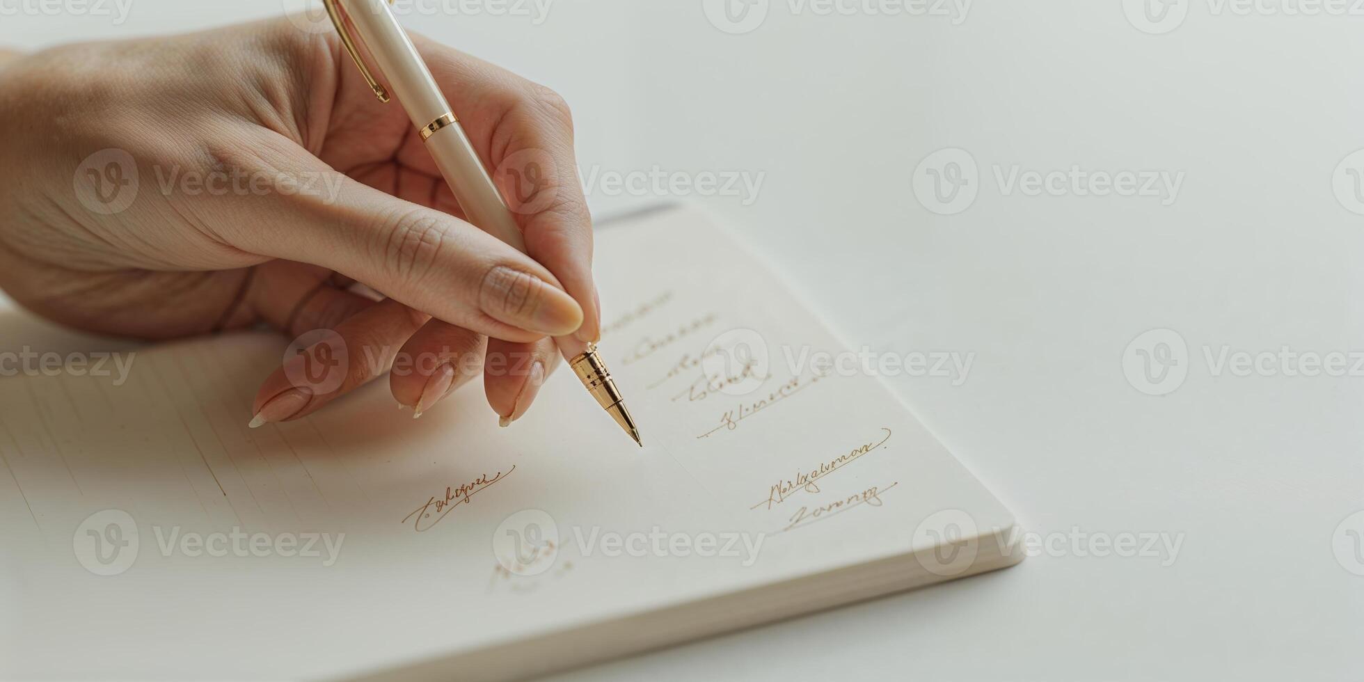 Creative writing process in a serene workspace with a hand holding a pen photo