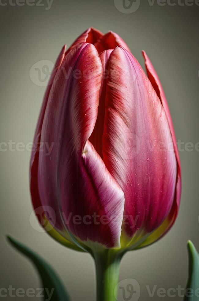 Close-up view of a vibrant red tulip showing intricate petal details in a softly lit environment photo