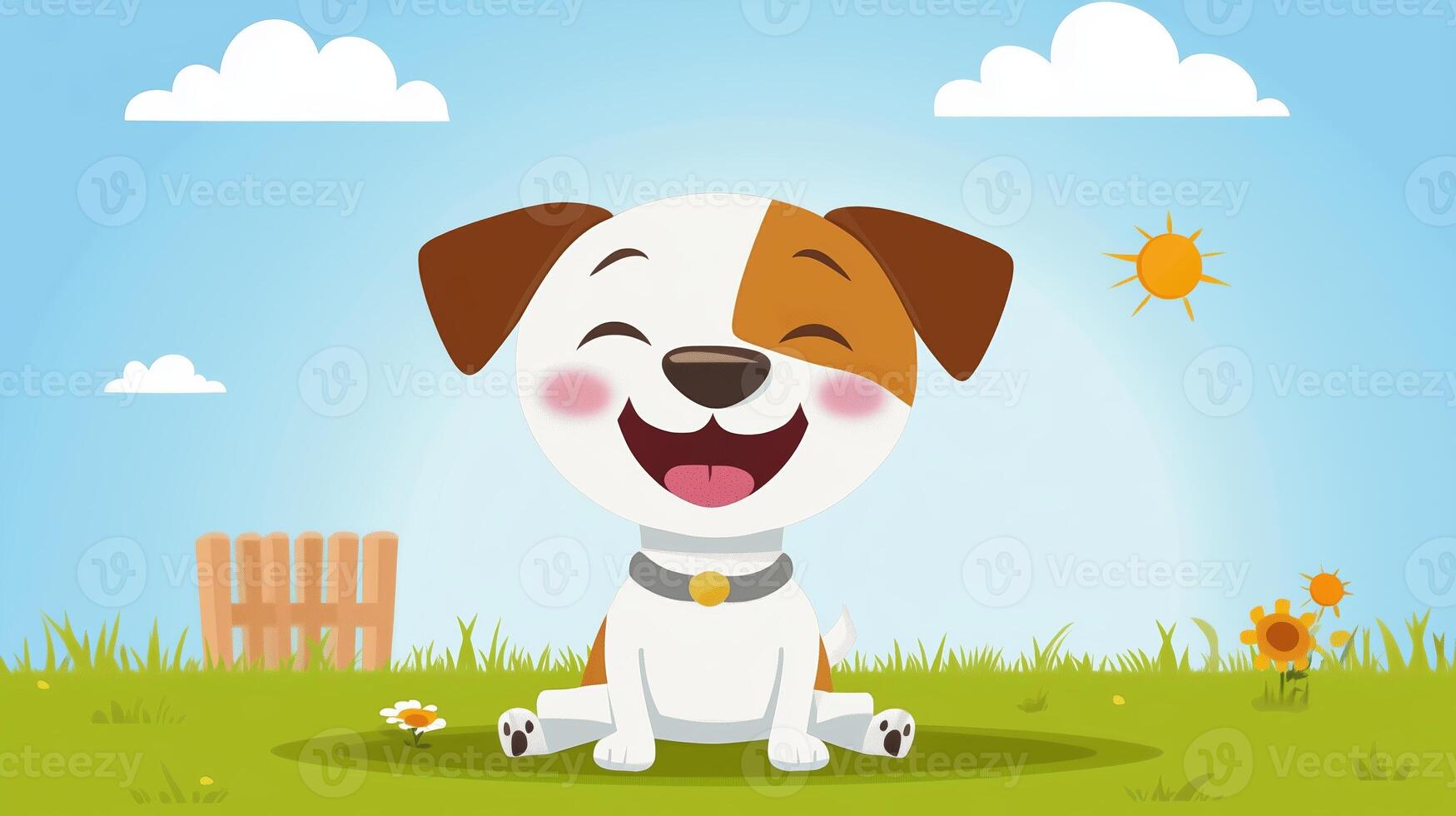 Happy cartoon dog enjoying a sunny day in a vibrant grassy field with bright blue sky and cheerful sun photo