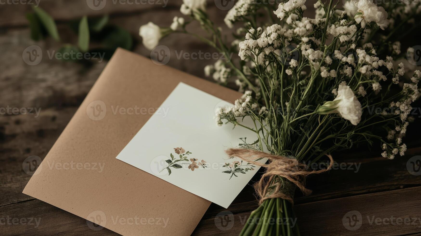 Beautiful bouquet of small white flowers with a note resting on a wooden table in a cozy setting photo
