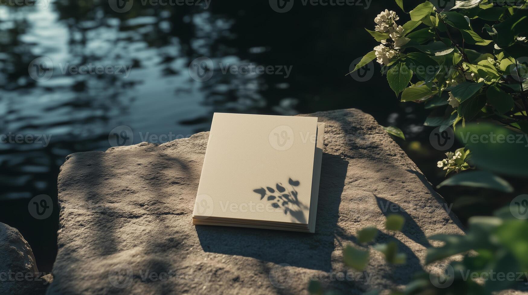 Tranquil outdoor setting with blank notebook resting on stone by a serene water body during daylight hours photo