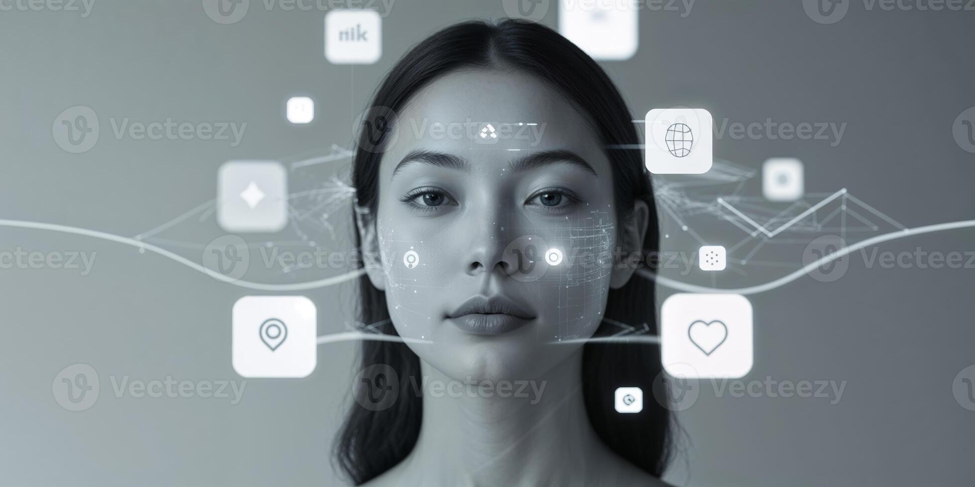Woman with digital overlay showing various icons representing technology and communication in a modern setting photo