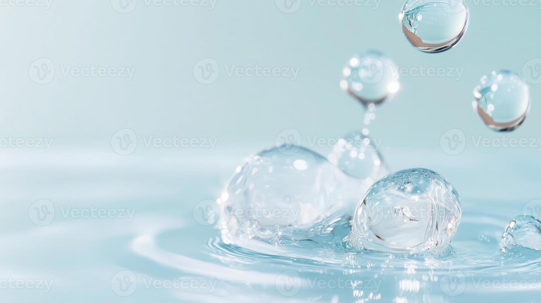 Water droplets create ripples on a calm surface in bright, serene lighting photo