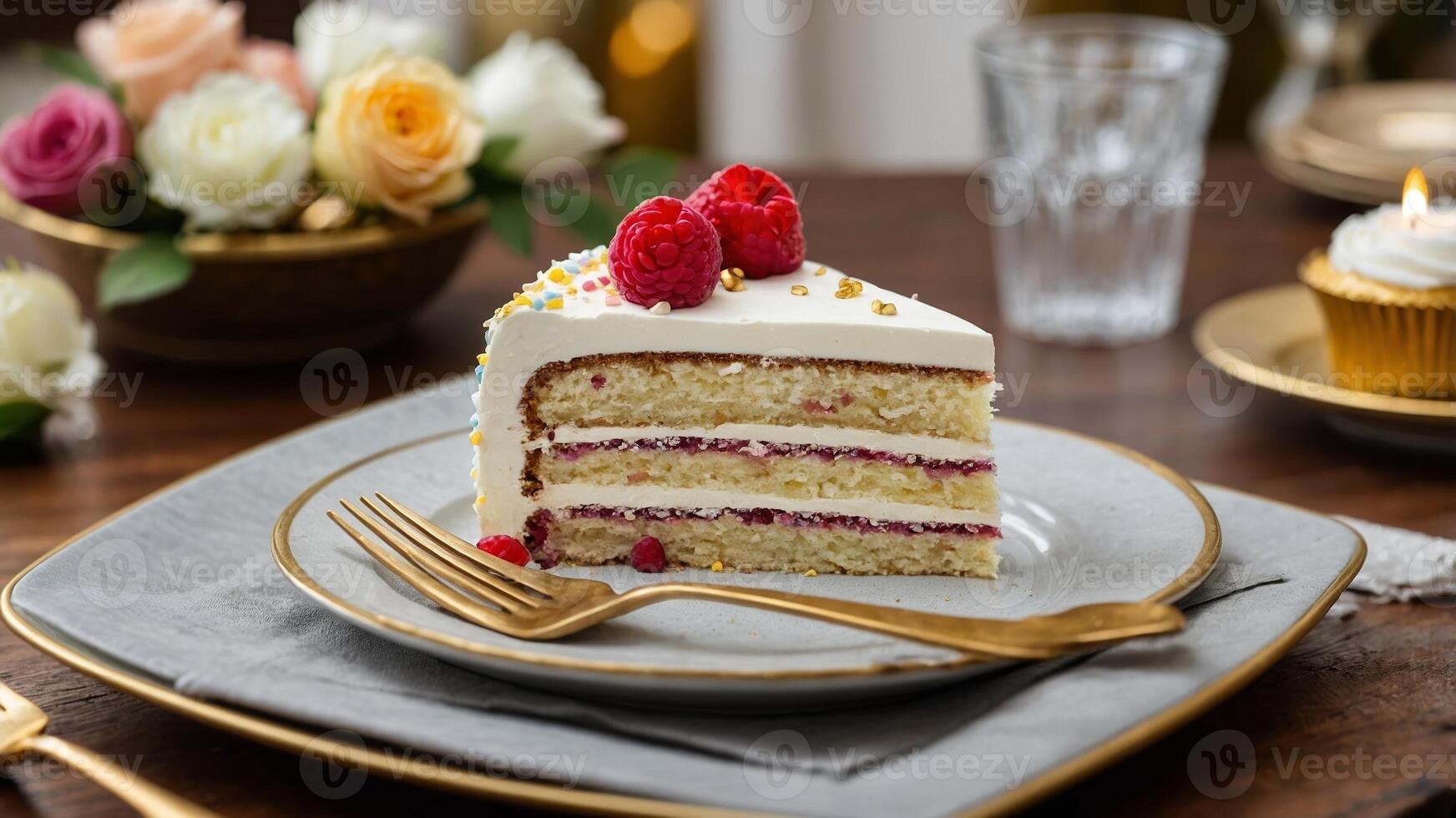 Delicious raspberry cream cake served on a fine plate at a cozy indoor table setting with decorative flowers photo