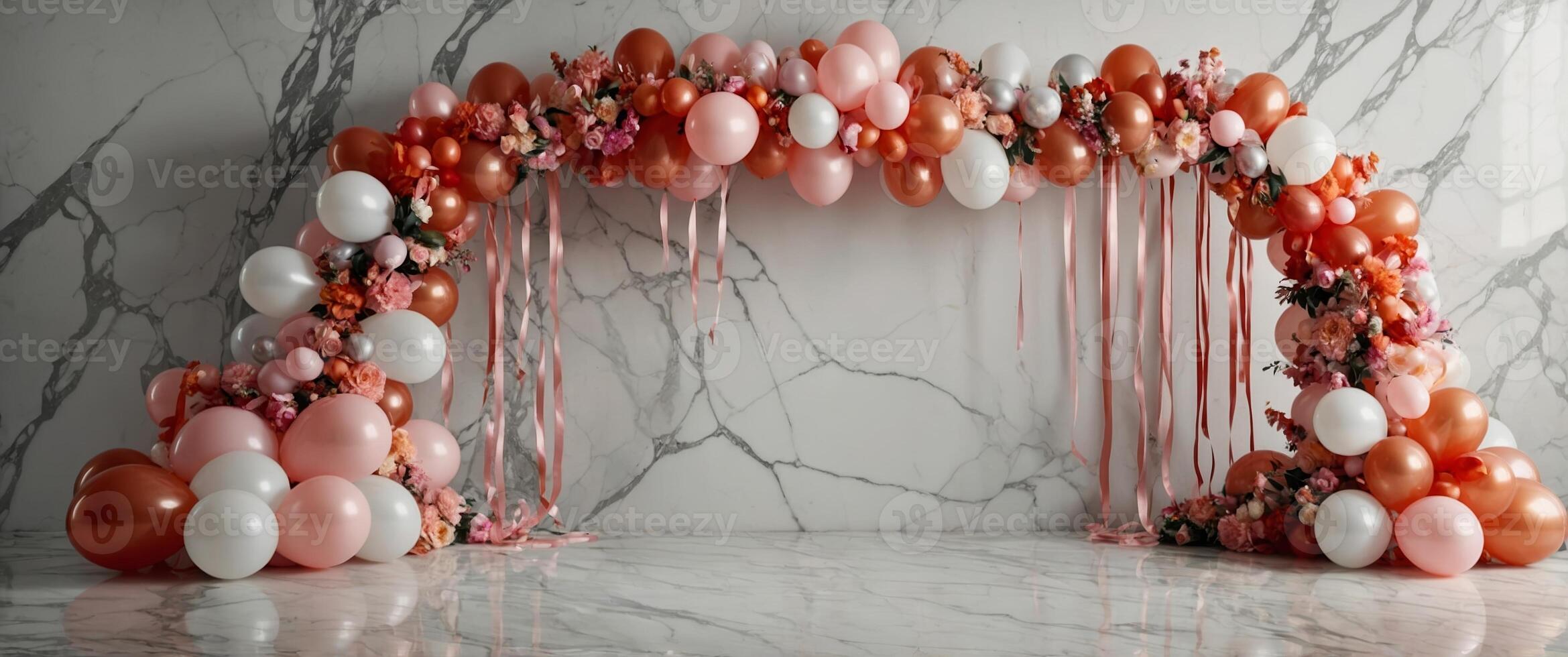 Festive balloon arch with floral accents for a joyful celebration at a modern venue photo