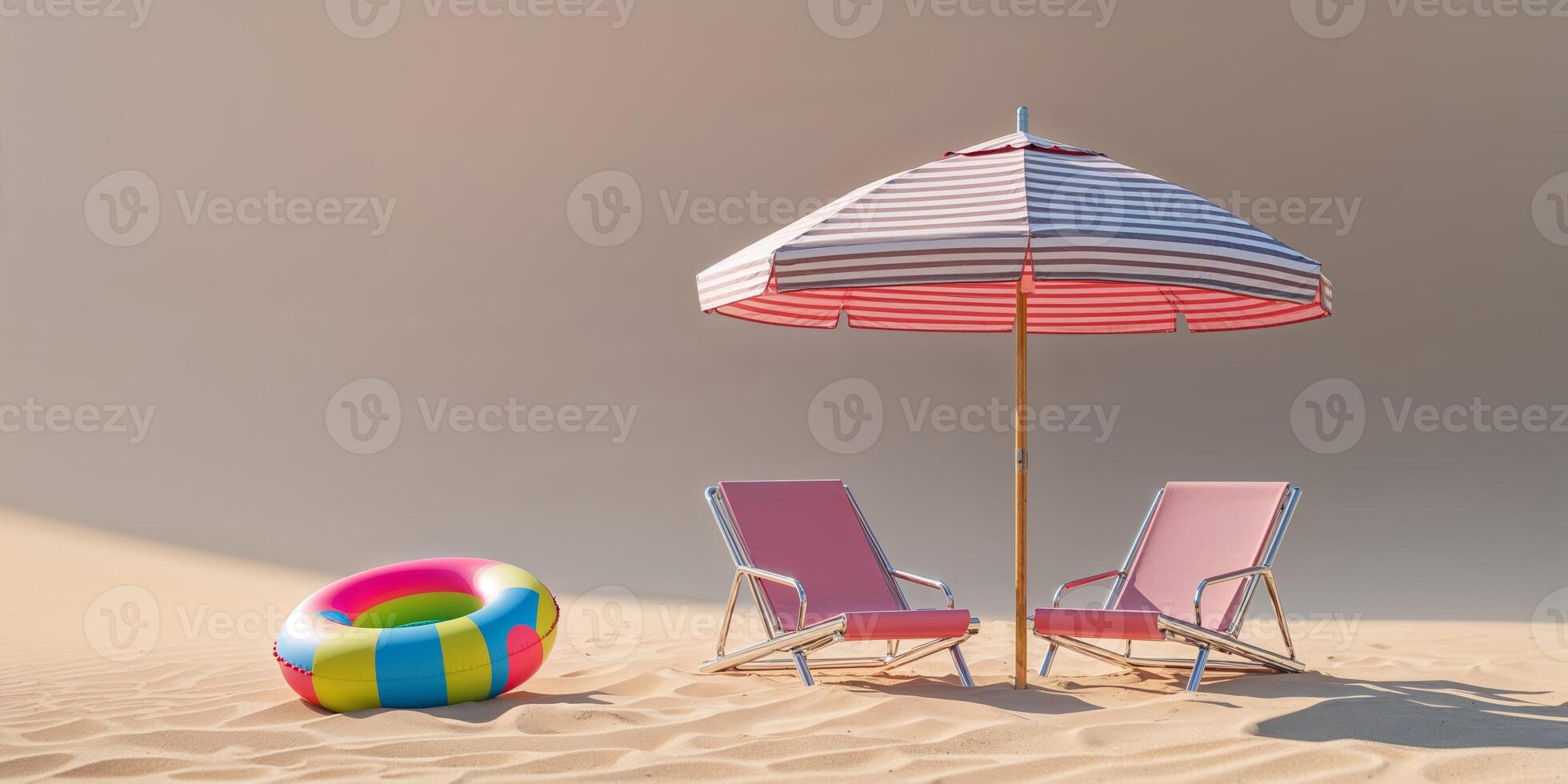 Relaxing beach setup with two chairs, an umbrella, and a colorful float in warm sand photo