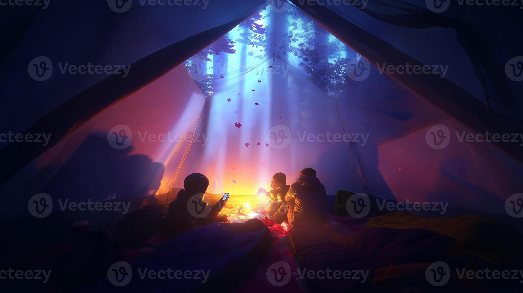 Group of friends gather around a campfire inside a tent enjoying the warmth and glow during a serene night in the forest photo