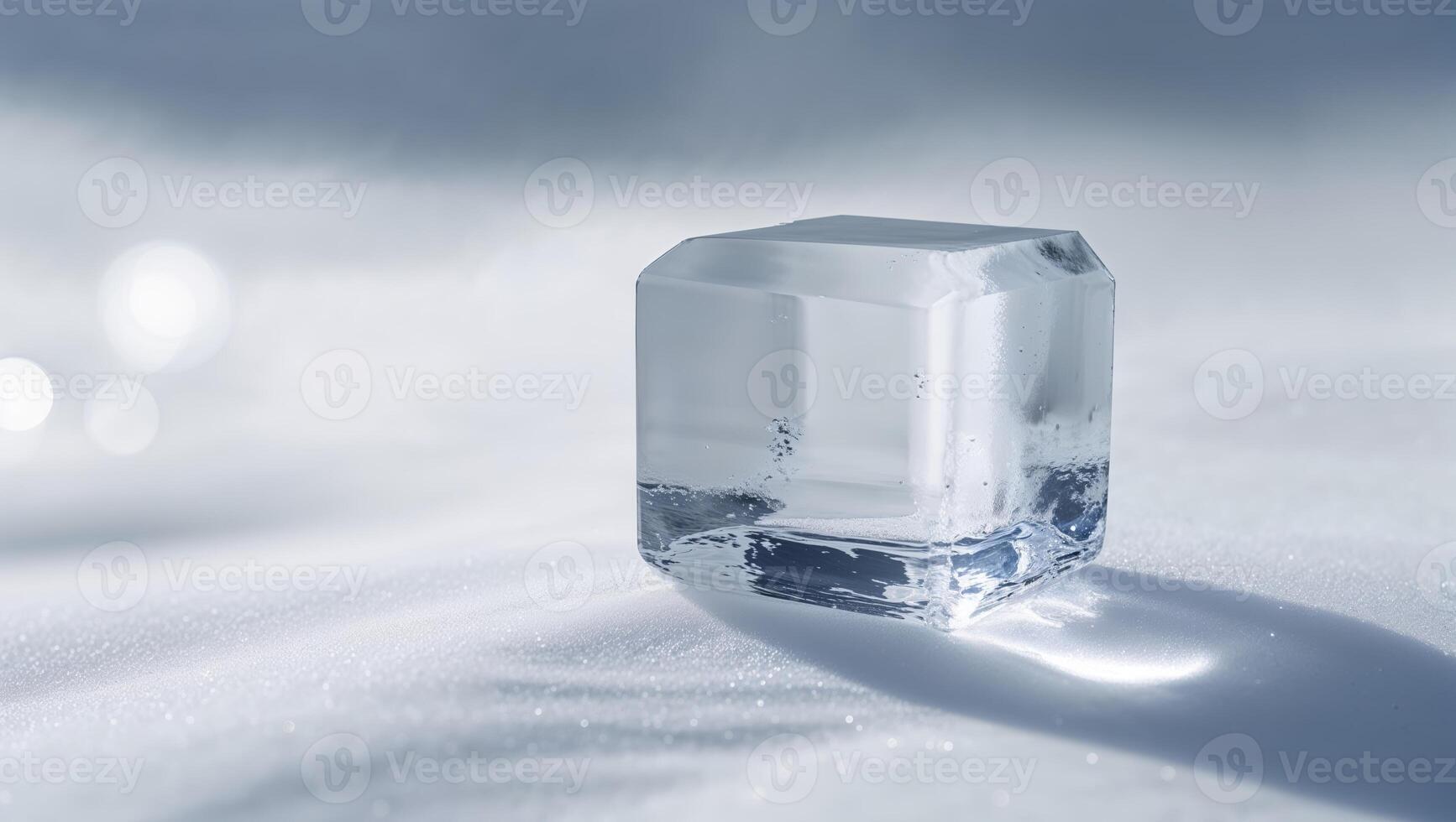 Clear ice cube resting on a snowy surface reflecting soft light during winter photo