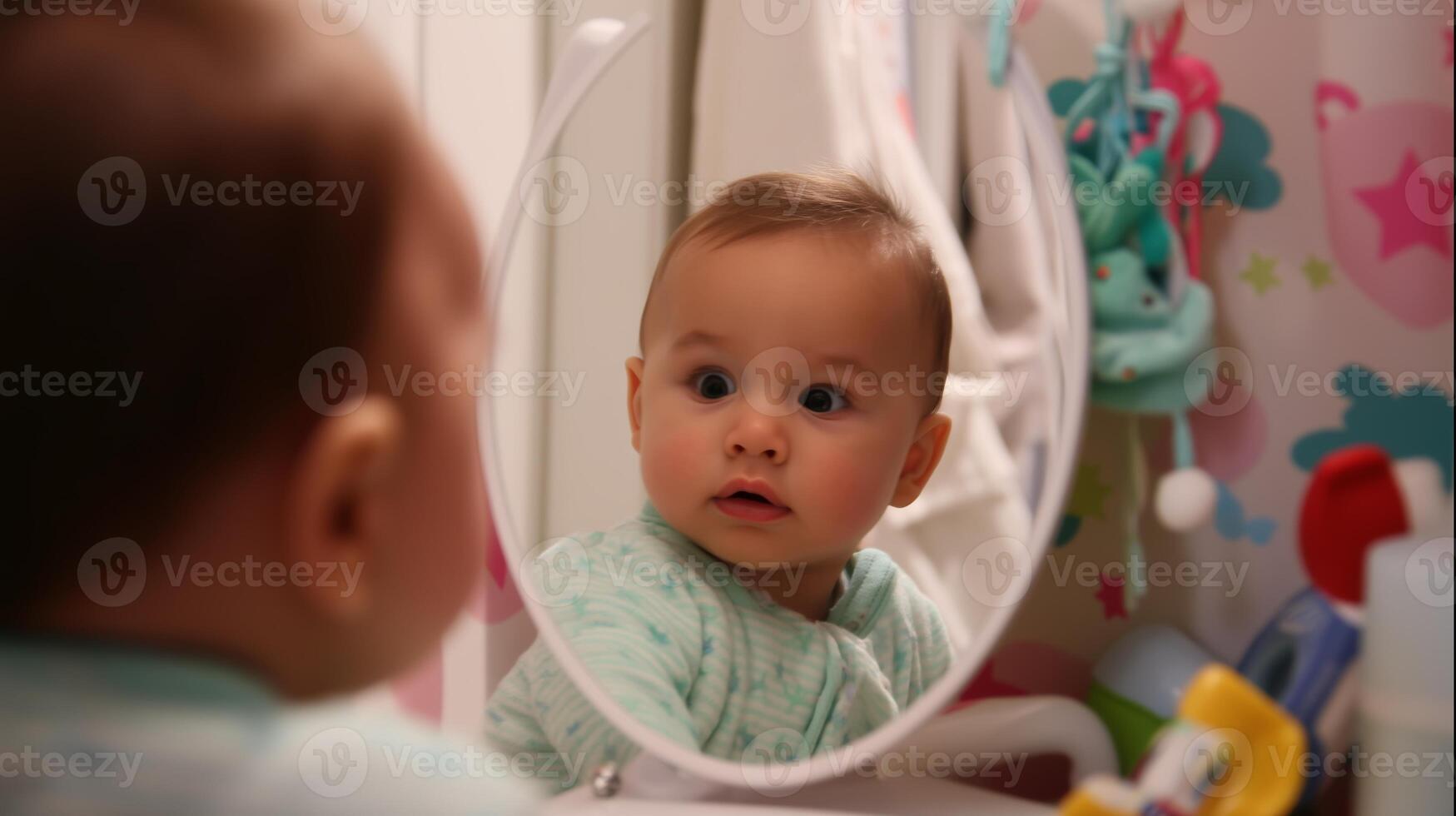 Baby observing reflection in mirror during playful moment at home environment photo