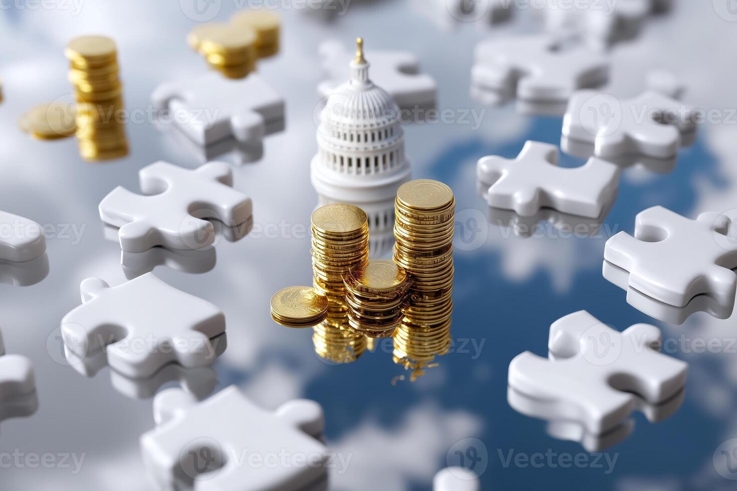 Financial decisions influenced by government structures visualized through coins and puzzle pieces in a reflective setting photo