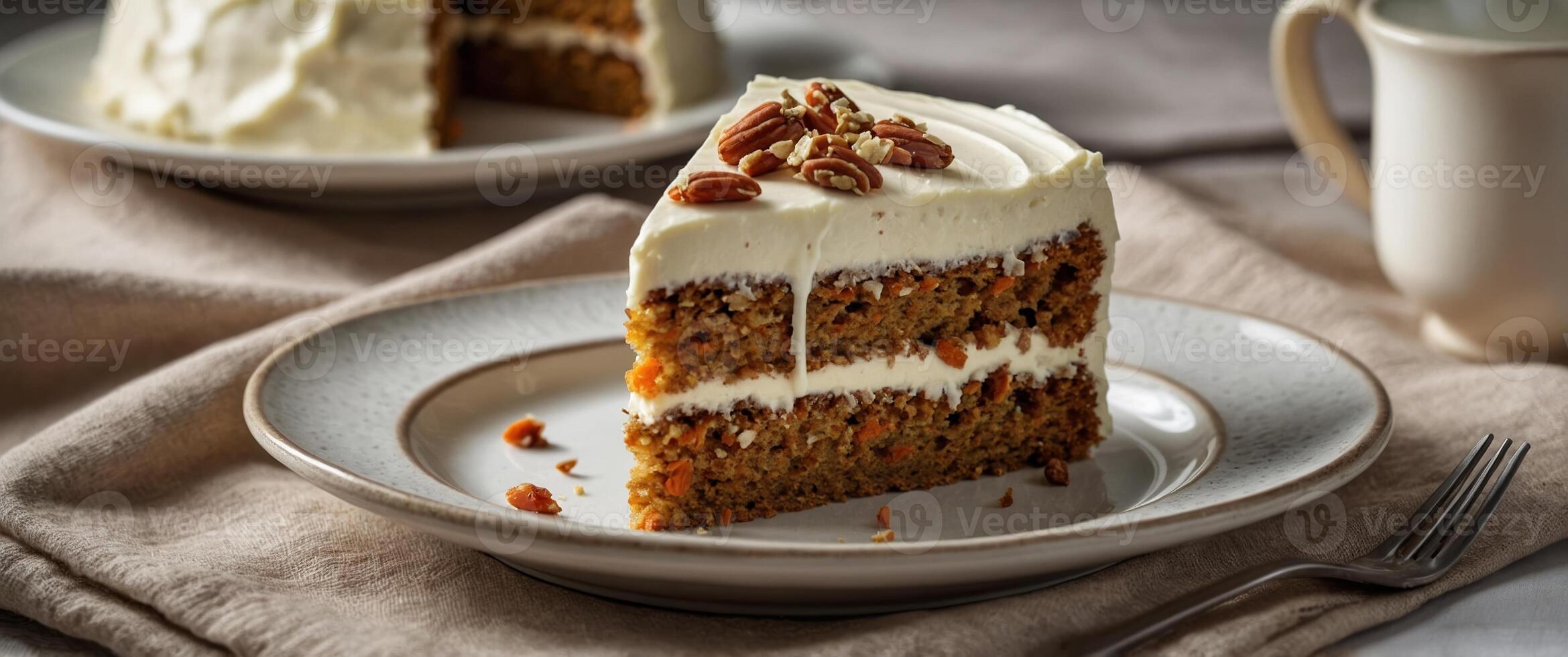 Delicious carrot cake slice topped with cream cheese frosting and pecans served on elegant dish with coffee nearby photo