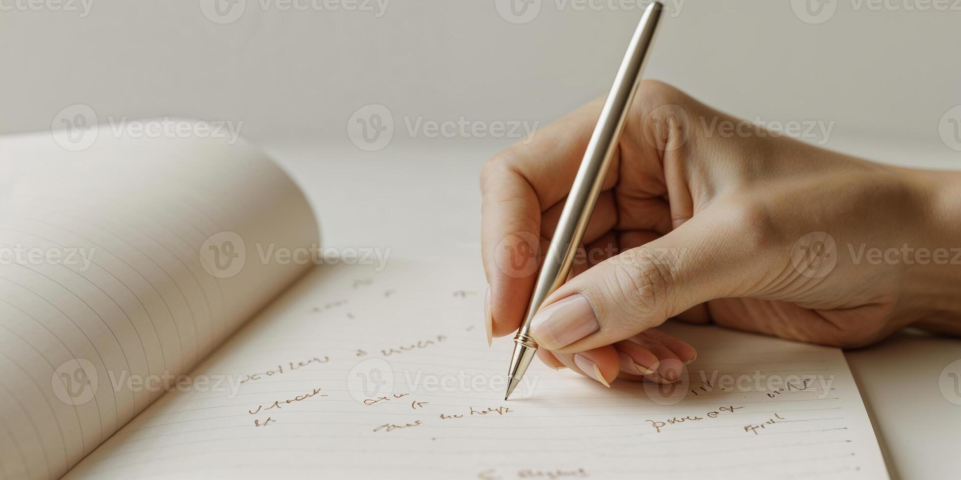 Hand writing notes in a notebook during a creative brainstorming session at a bright indoor workspace photo