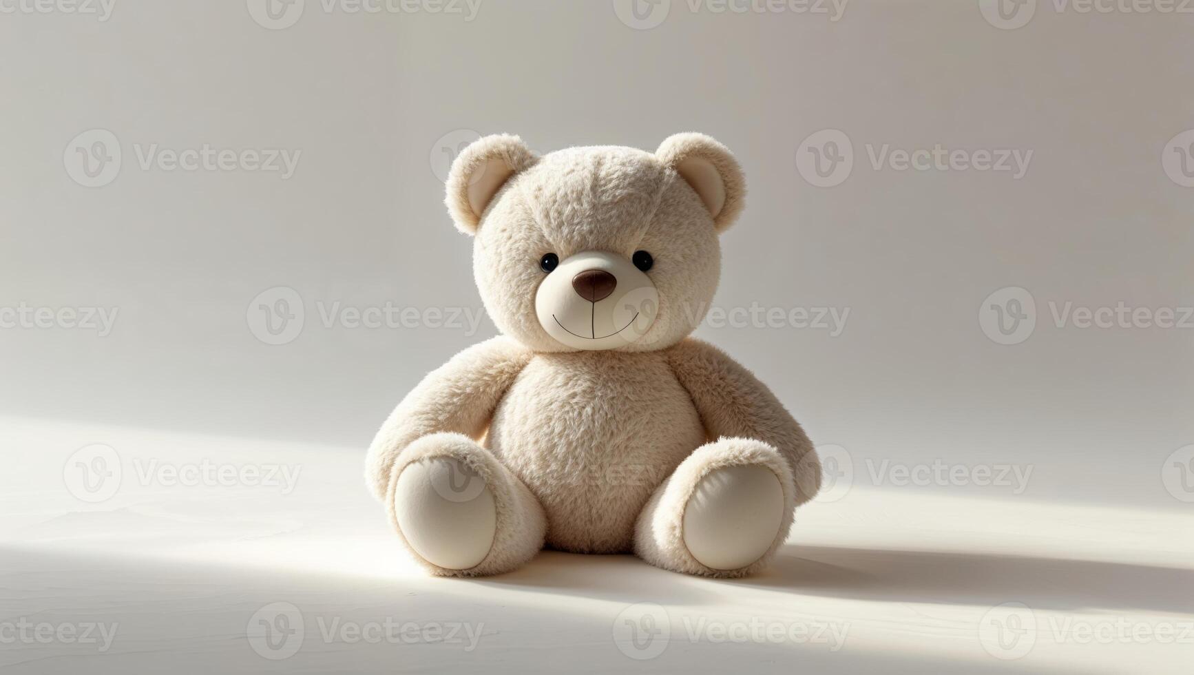 Soft teddy bear sits in warm sunlight on a light background creating a comforting atmosphere photo