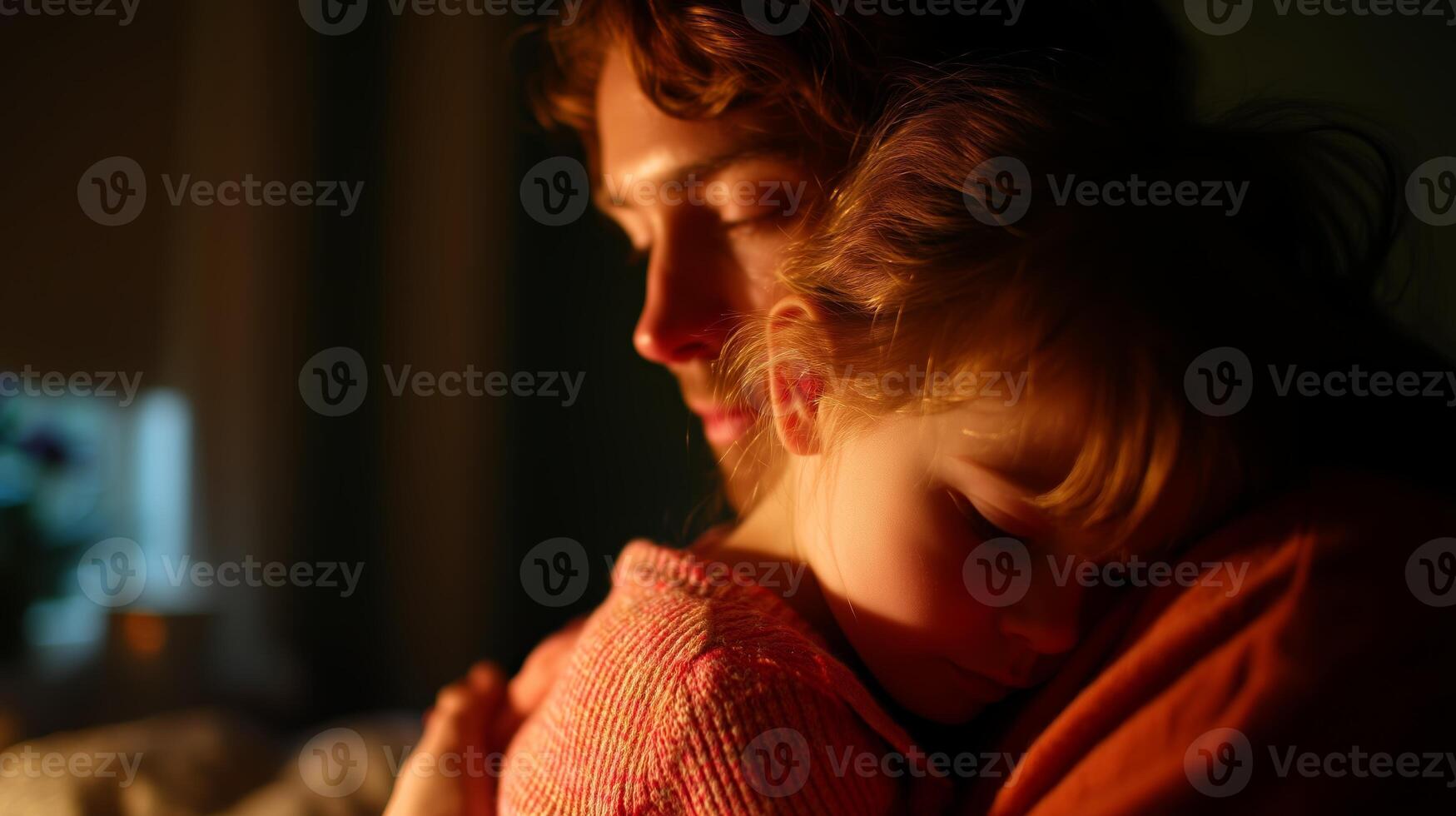 Father and child embrace in a warm, cozy setting during a quiet evening at home photo