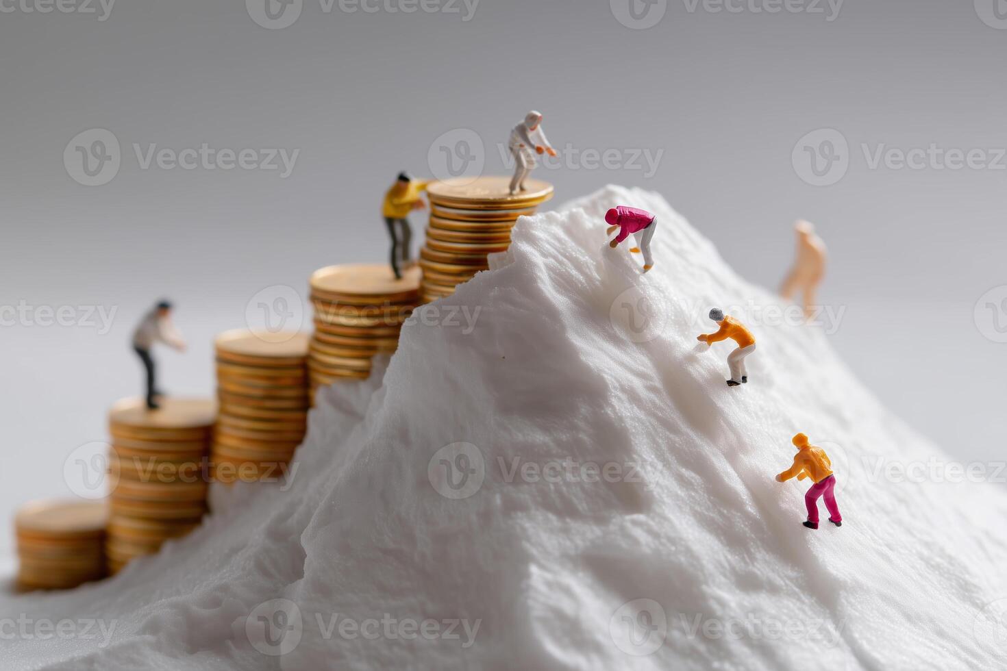Figurines scaling a mountain of coins as they conquer financial challenges in a creative representation of success photo