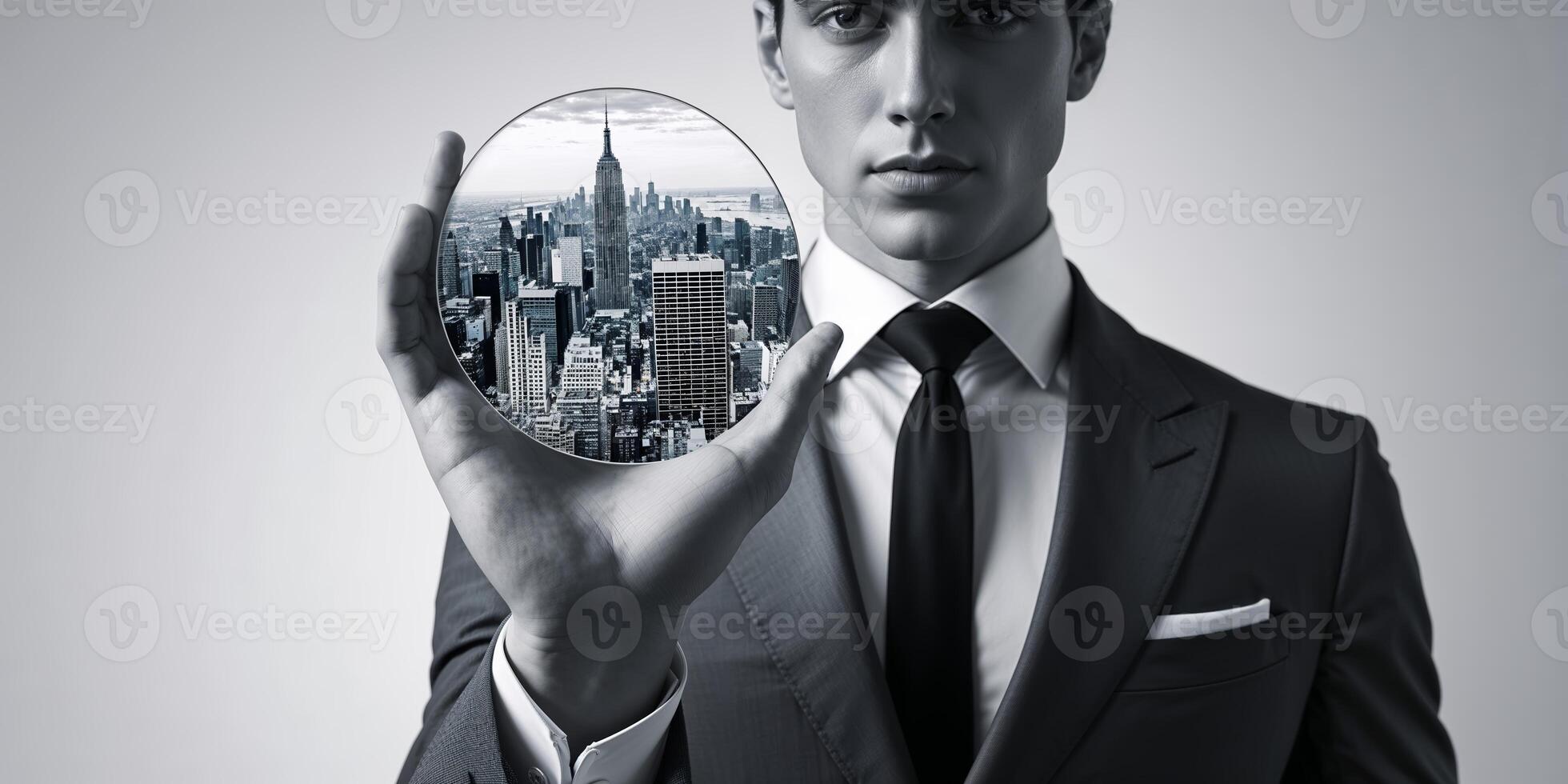 Businessman holding a circular reflection of a city skyline while dressed in a suit photo