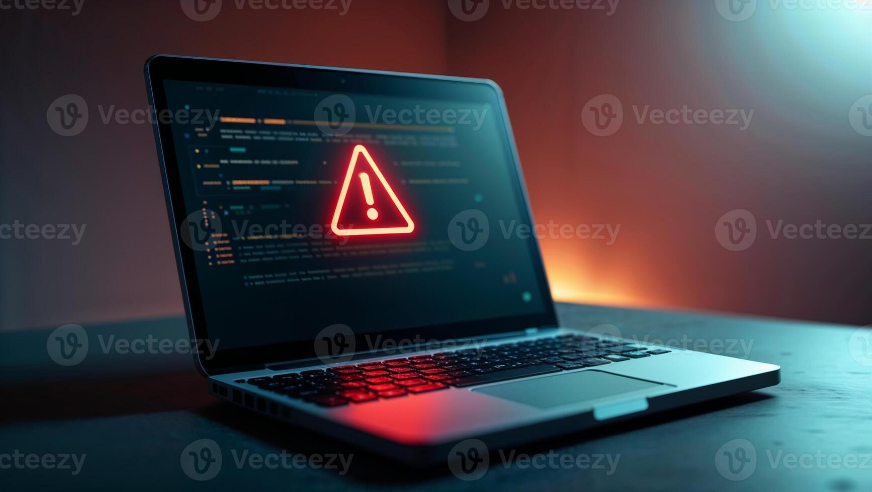 Warning sign displayed on laptop indicating potential security threat in a dimly lit workspace photo