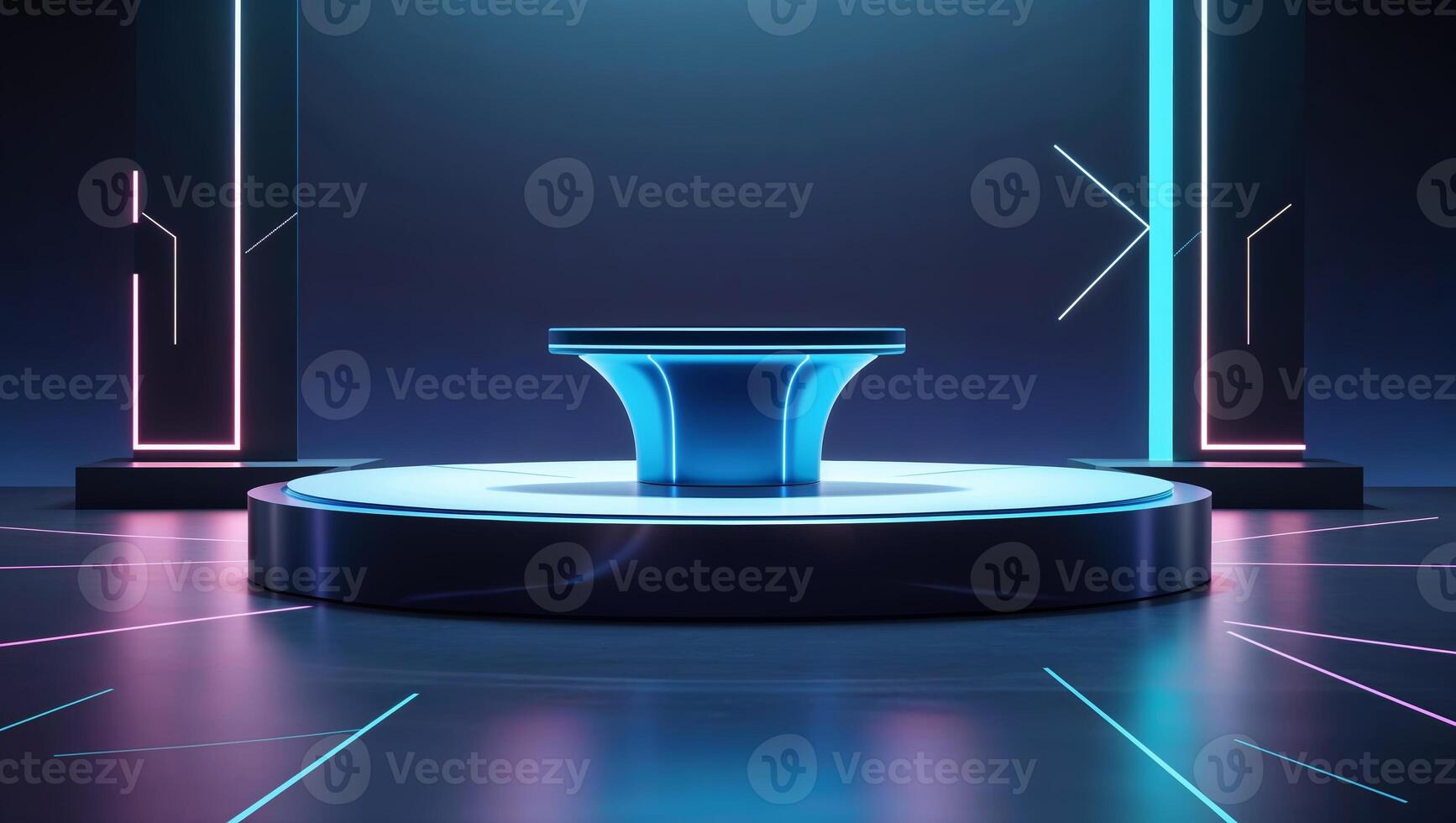 Modern futuristic stage design features glowing circular platform and neon accents for immersive events and presentations photo