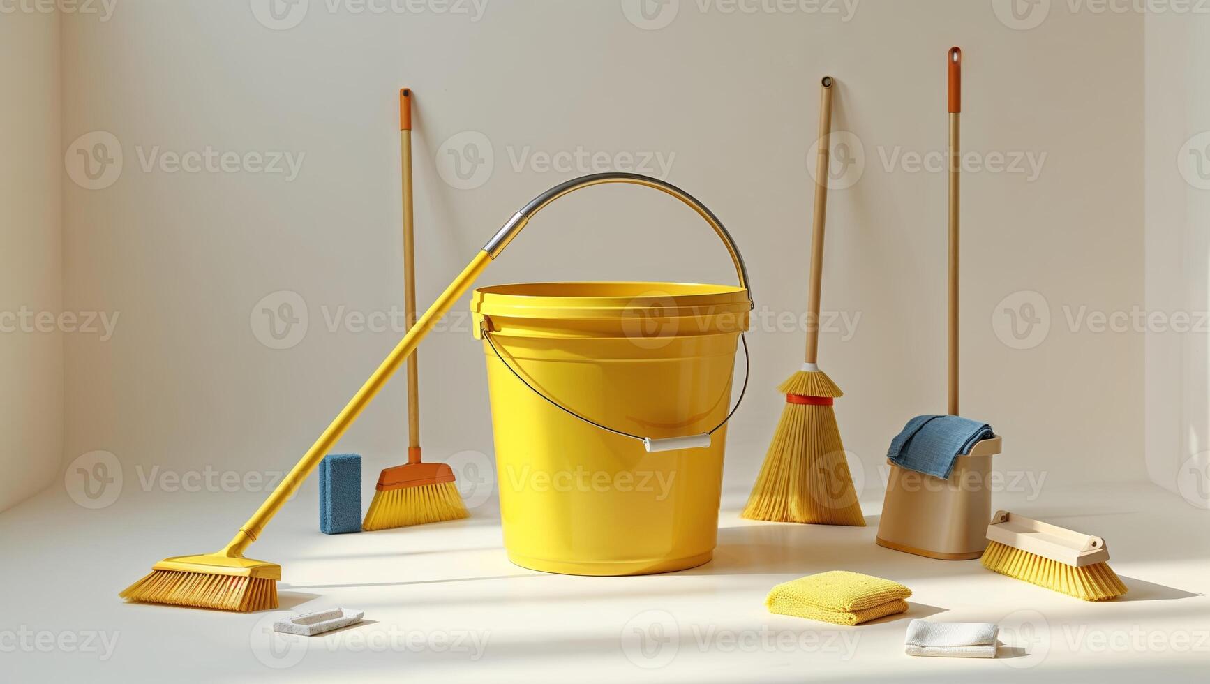 Cleaning tools arranged in a bright indoor space showcasing a yellow bucket and various cleaning utensils photo
