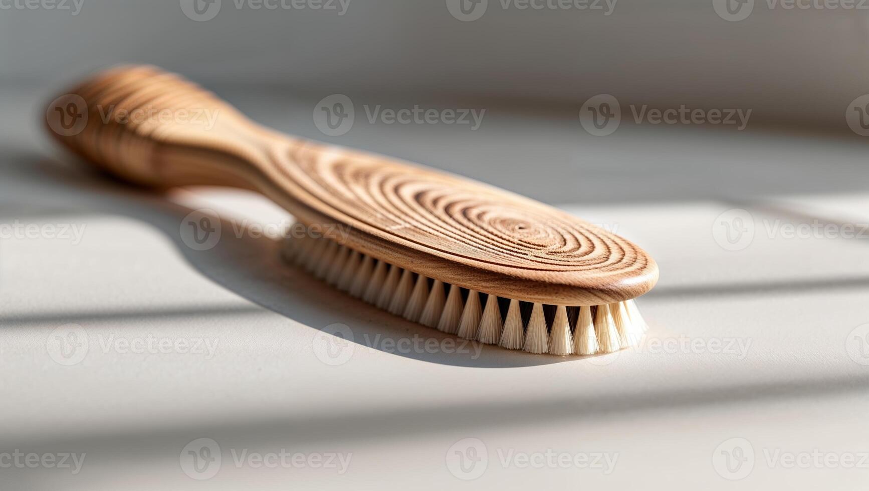 Wooden hair brush rests on a light surface with soft shadows during a sunny morning photo