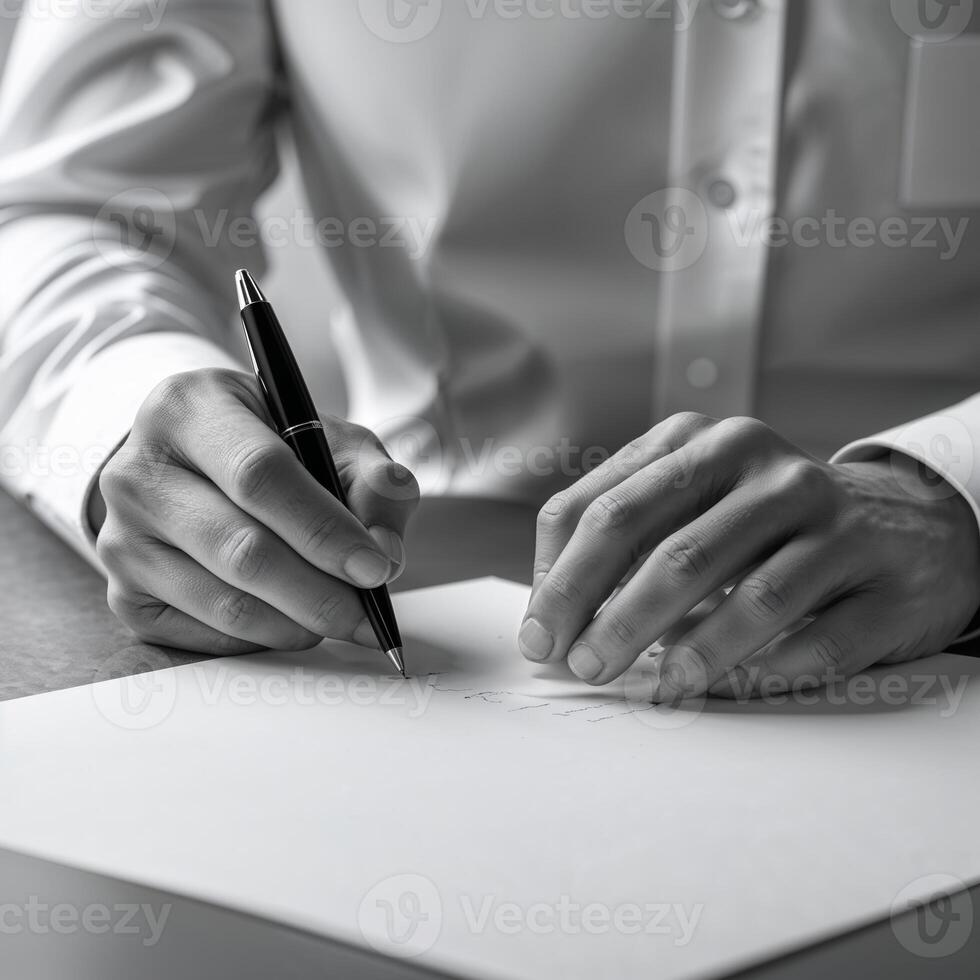 Individual working on a sketch with a pen at a wooden desk during a calm afternoon photo