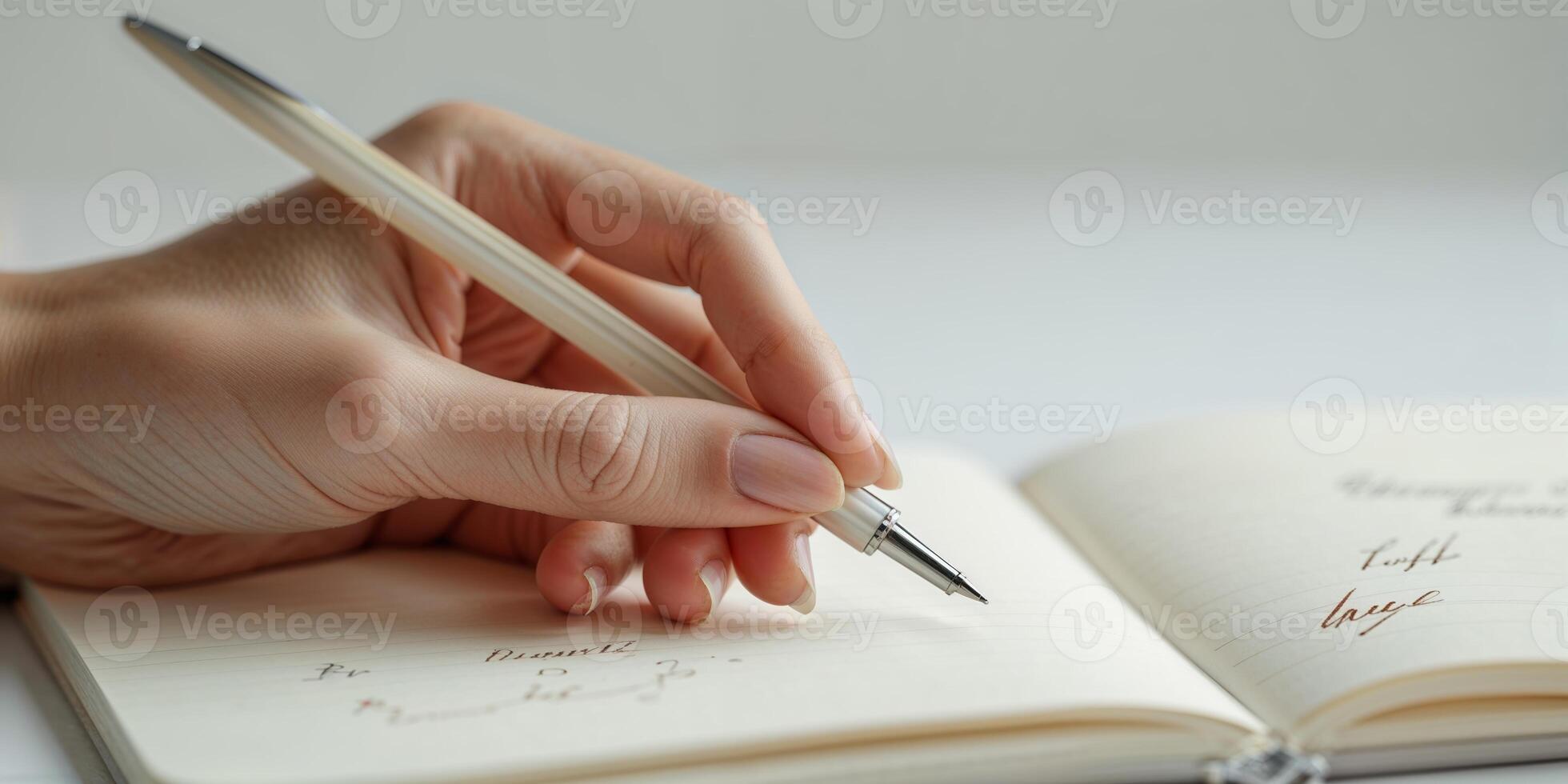 Handheld pen writing notes in a notebook during a quiet and reflective moment at home photo