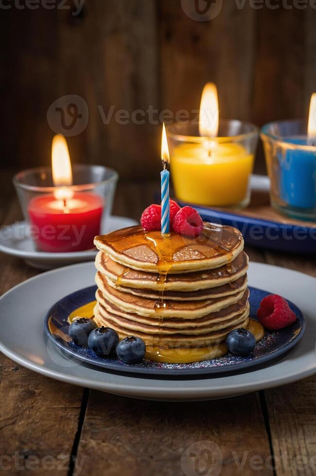Stack of fluffy pancakes with candles and fresh fruits for a birthday celebration photo