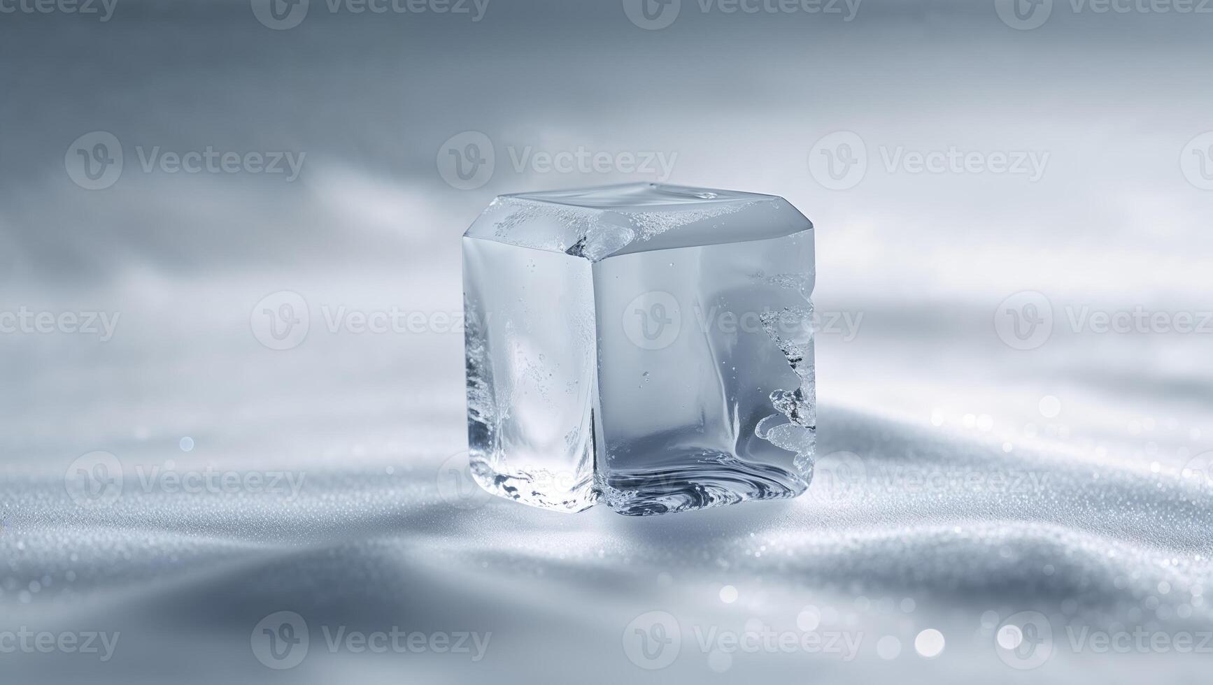 Clear ice cube rests on soft snow, reflecting light in a calm winter setting photo