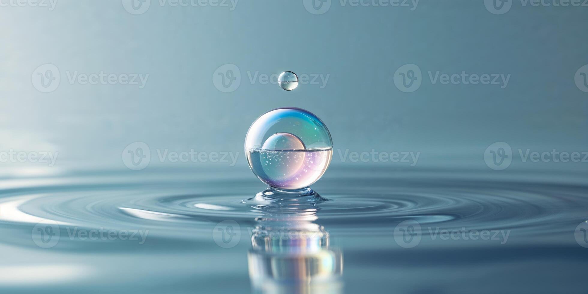 Droplet creates ripples on calm water surface in serene setting with subtle reflections photo