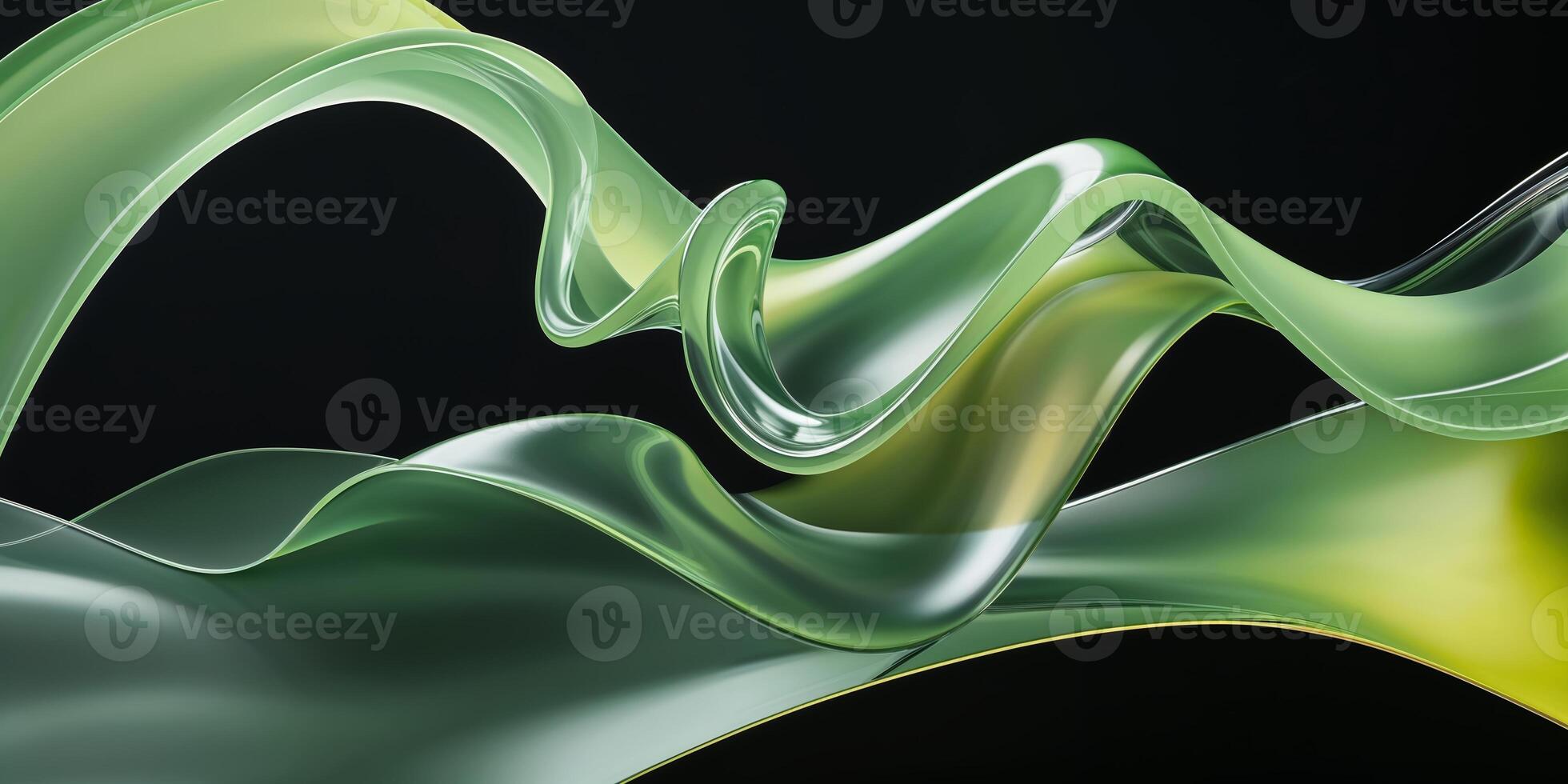 Curved green and yellow translucent waves creating an abstract composition in a dark background photo