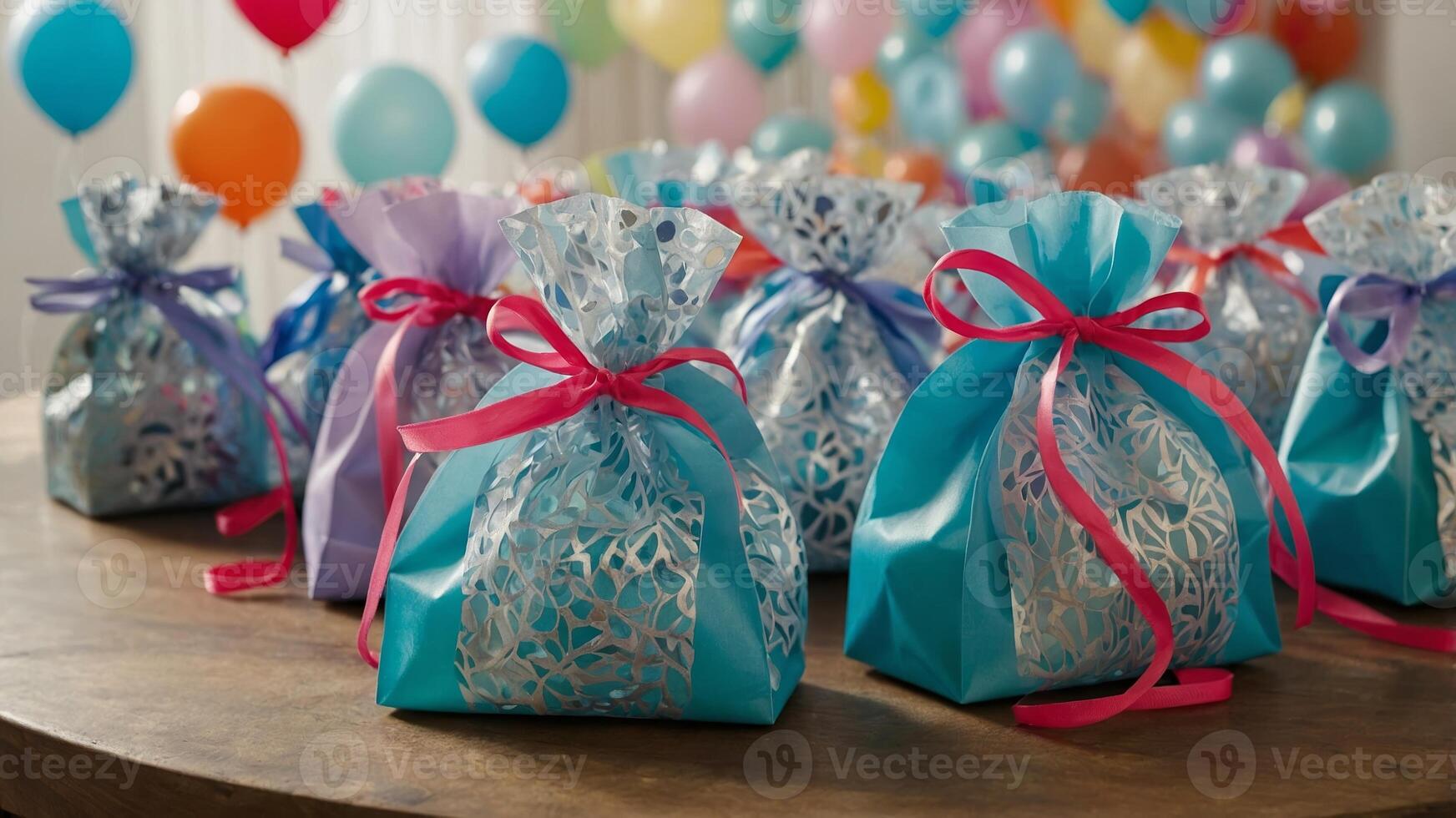 Colorful gift bags arranged on a table at a festive celebration with vibrant balloons in the background photo