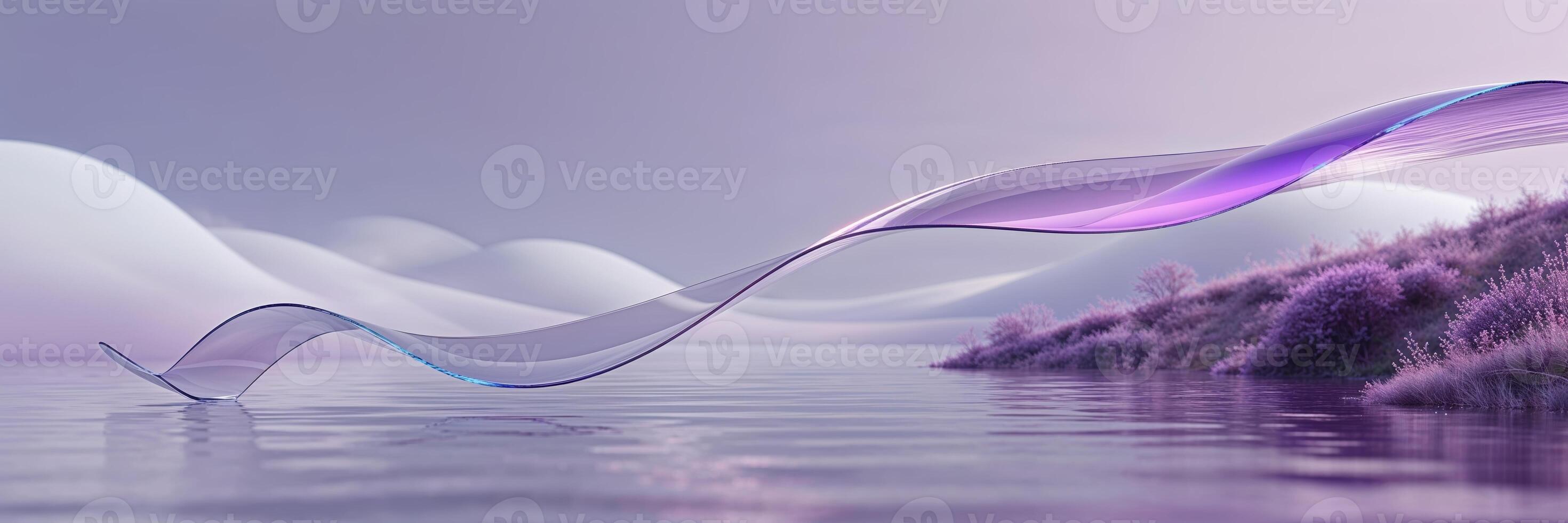 Flowing purple waves gently reflect in a calm lake surrounded by soft hills at dusk in a serene landscape photo