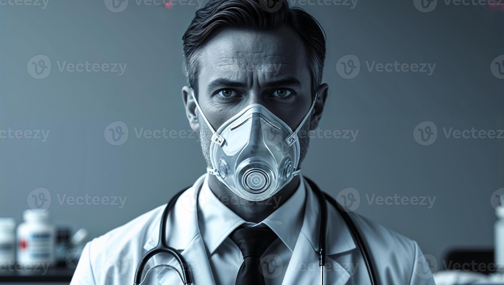 Doctor wearing a mask in a medical facility while focusing on patient care during a challenging health crisis photo