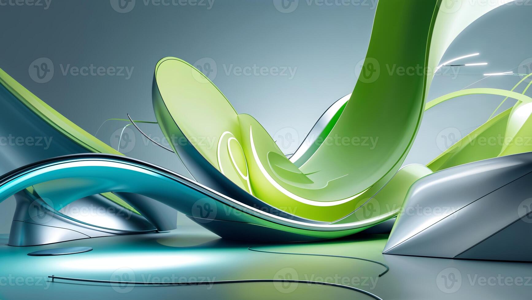 Abstract design featuring flowing shapes in green and blue tones with a futuristic vibe in a soft-lit setting photo