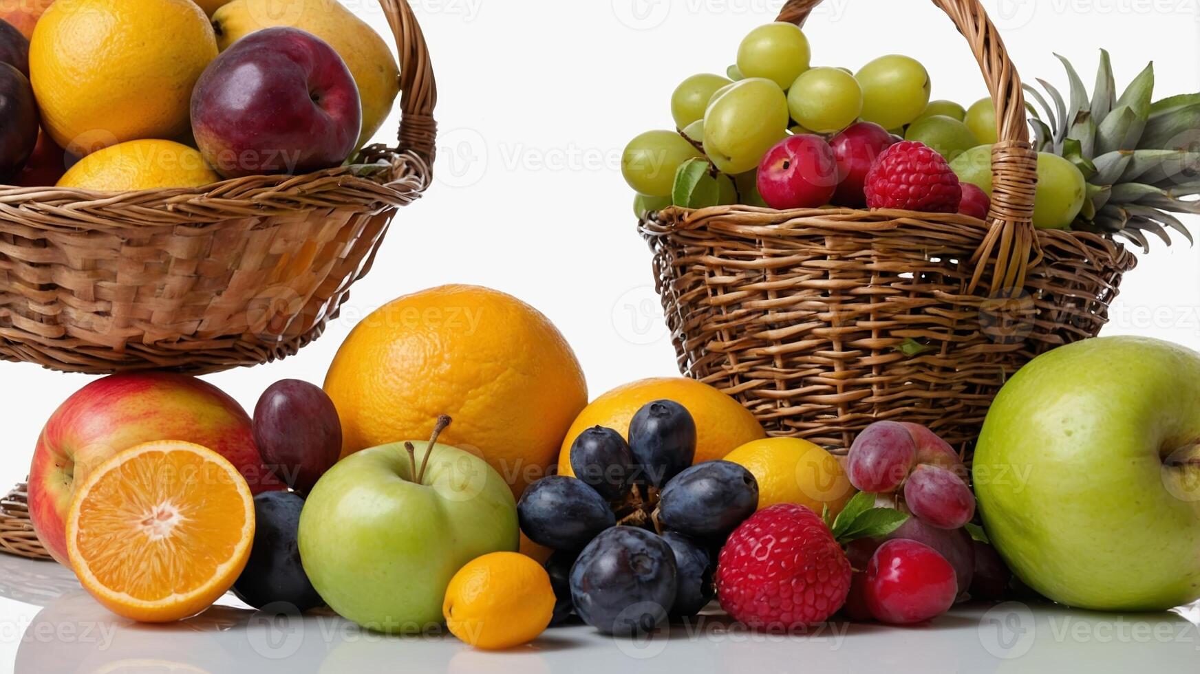 Fresh assorted fruits in woven baskets arranged on a bright surface ready for a healthy snack or meal photo