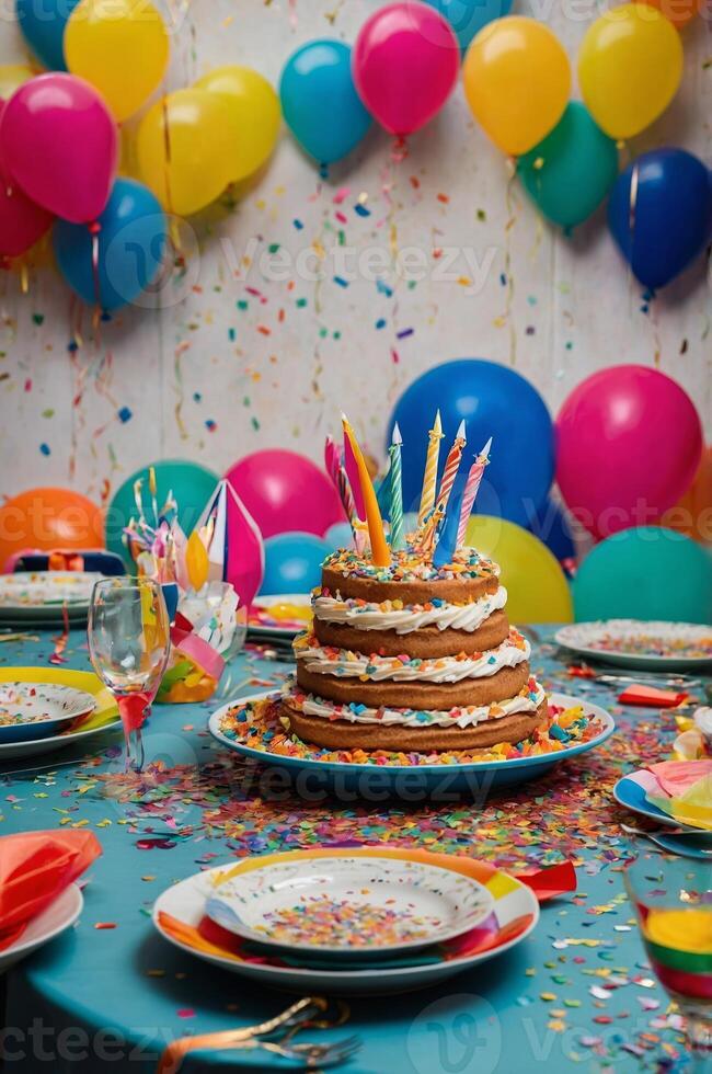 Colorful birthday celebration with cake, balloons, and festive decorations in a vibrant setting photo