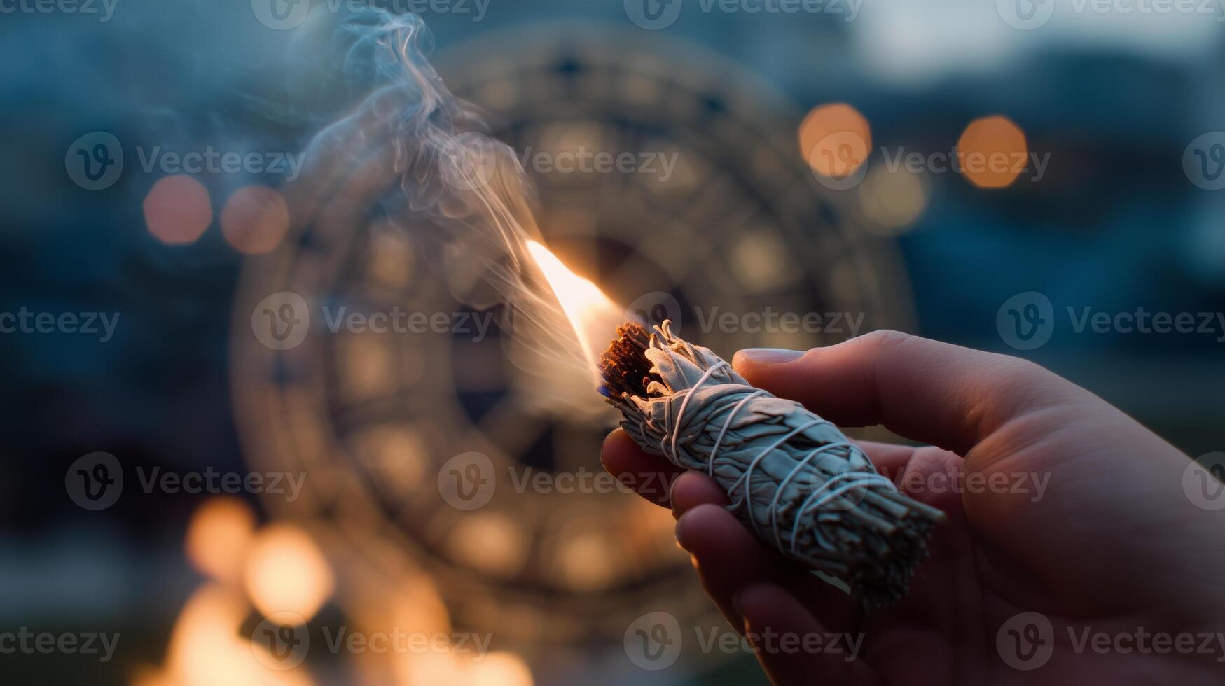 Hand holding burning sage in front of a large wheel structure during twilight ritual photo