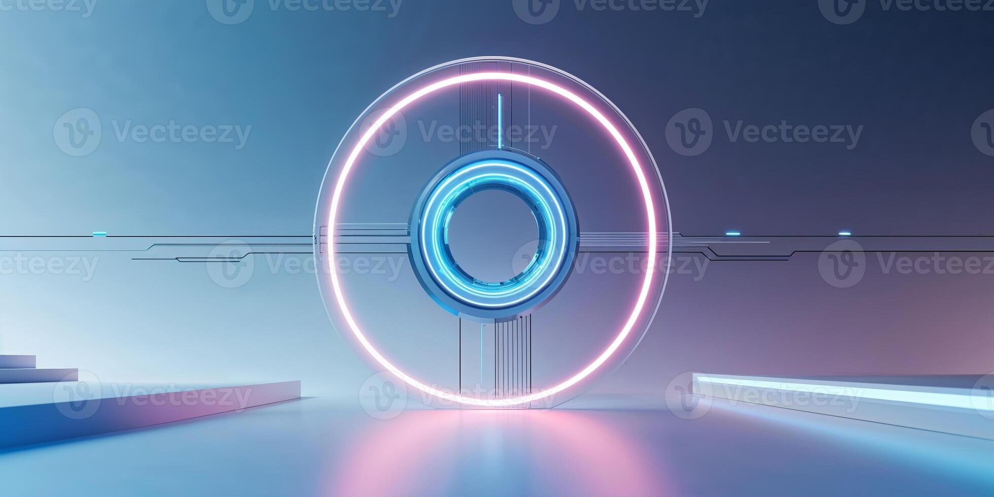 Futuristic digital portal illuminated with blue and pink neon lights in an abstract environment photo