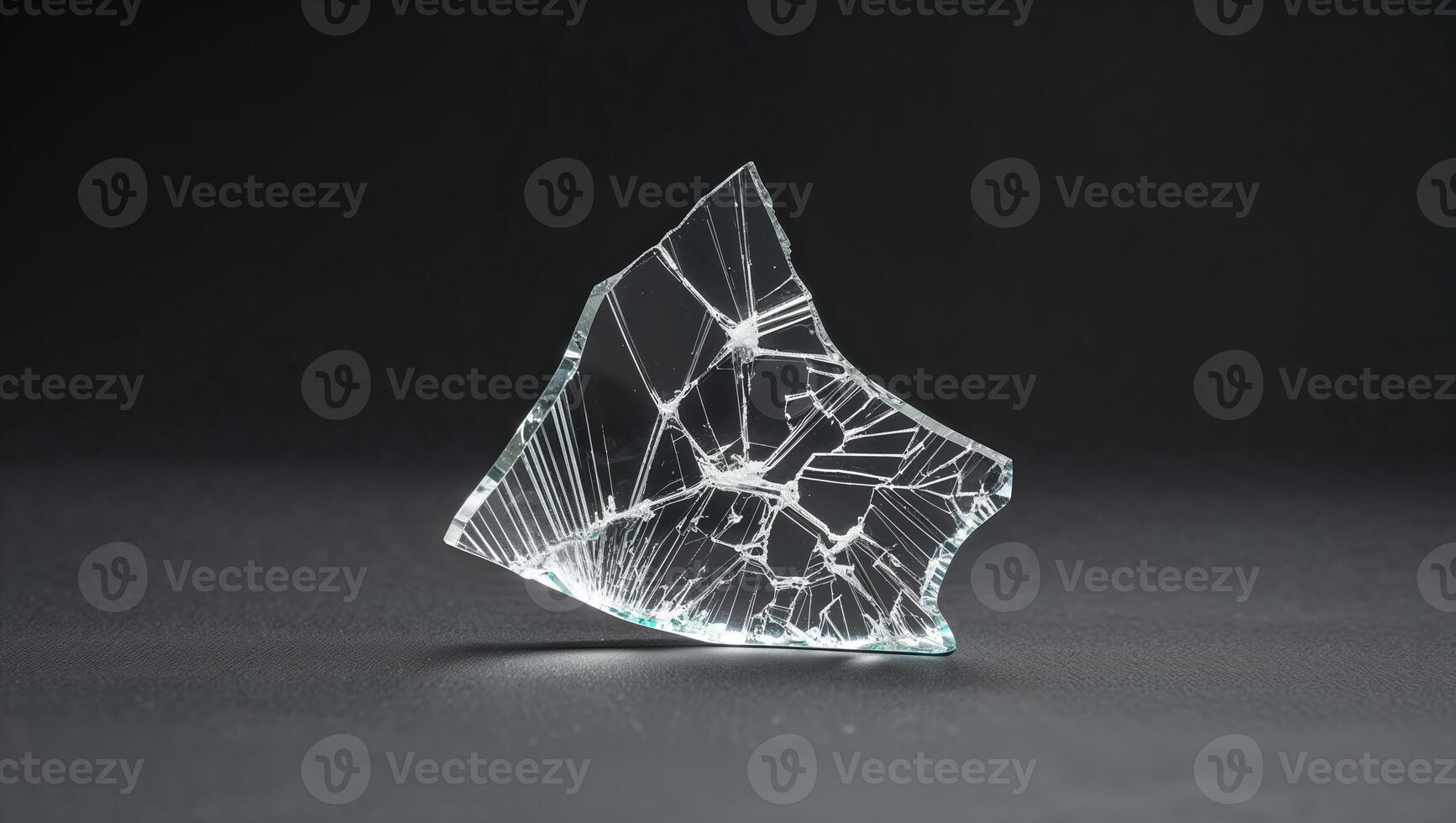Shattered glass fragment displaying intricate patterns and sharp edges on a dark surface photo