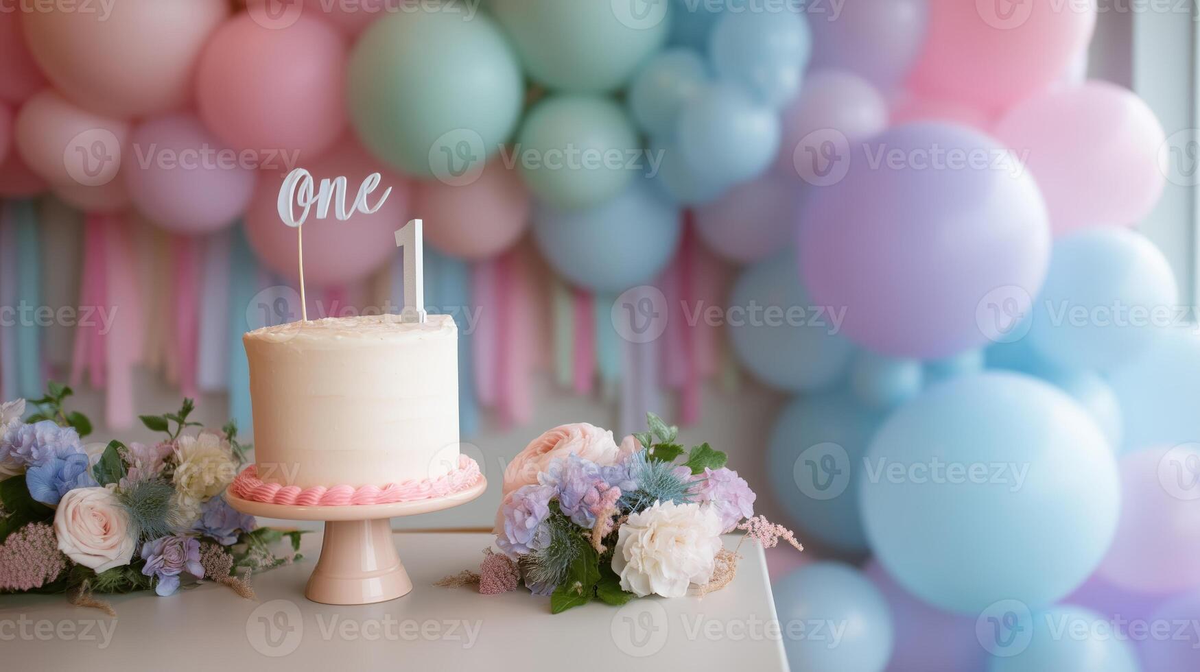 Celebrating a first birthday with a beautifully decorated cake and colorful balloons in a cheerful setting photo